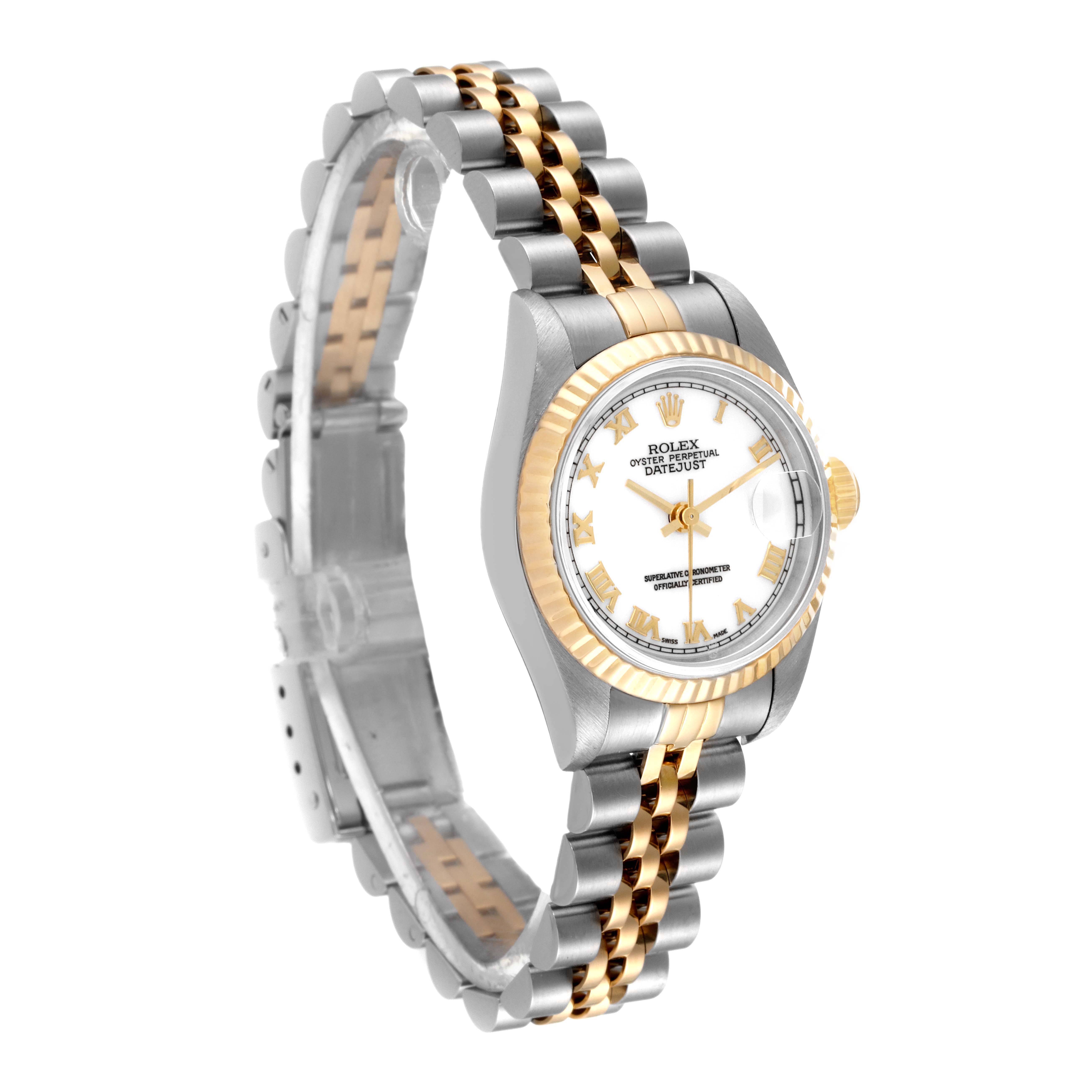 This image shows a Rolex Datejust 69173 Women's Steel and Gold (two tone) White Dial 69173 Women's Steel and Gold (two tone) White Dial watch at a three-quarter angle, highlighting its dial, bezel, and two-tone bracelet.