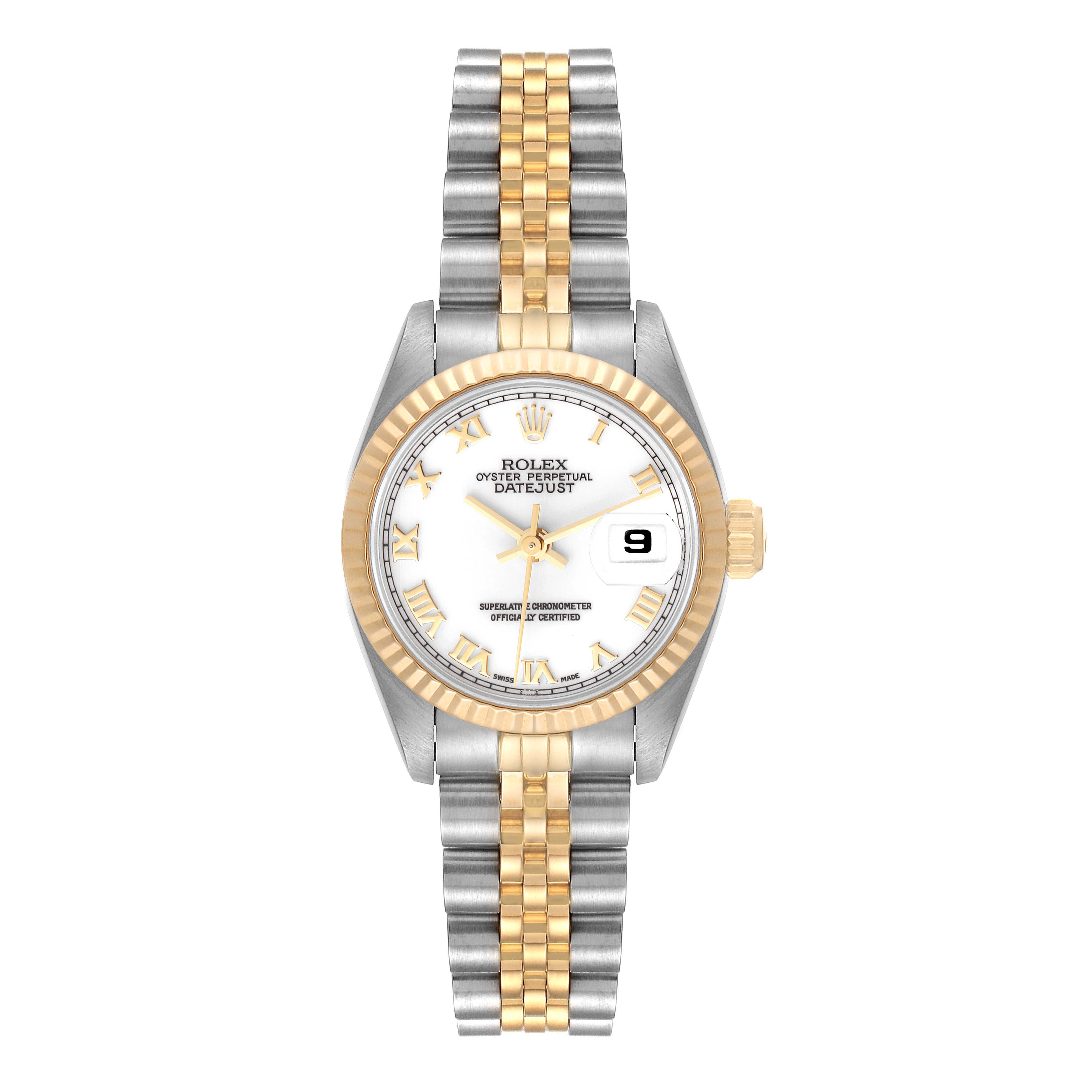 The image shows a front view of a Rolex Datejust 69173 Women's Steel and Gold (two tone) White Dial 69173 Women's Steel and Gold (two tone) White Dial watch featuring a two-tone metal bracelet and a date display.