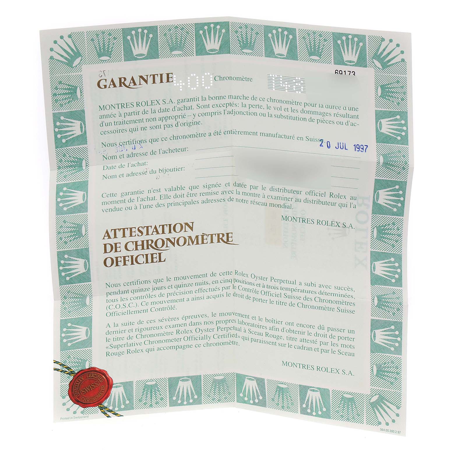 The image shows a warranty paper for the Datejust model by Rolex, featuring green and white detailing and text in French.