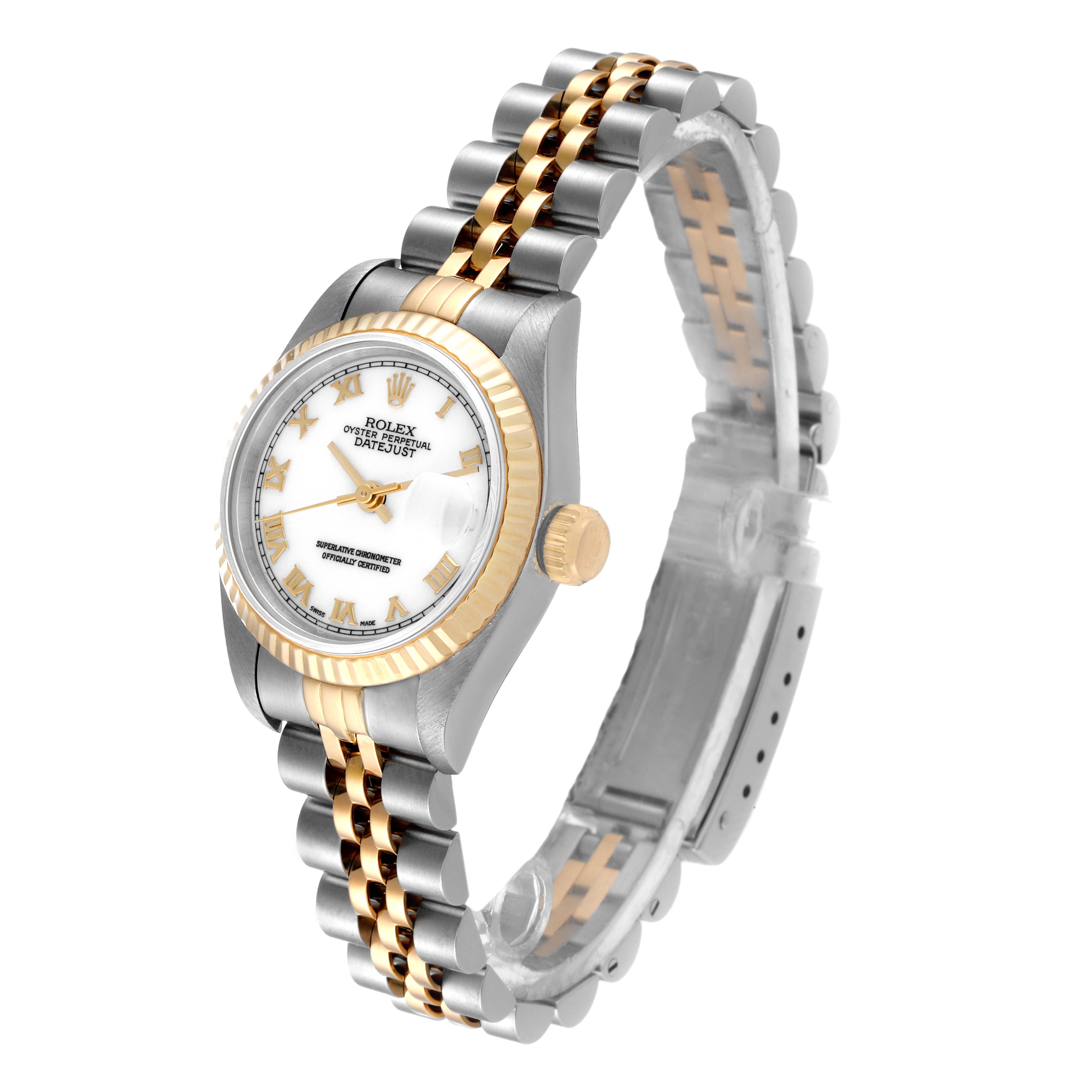 The image shows a Rolex Datejust 69173 Women's Steel and Gold (two tone) White Dial 69173 Women's Steel and Gold (two tone) White Dial watch angled from the front-left, displaying the face, bezel, crown, and part of the bracelet.