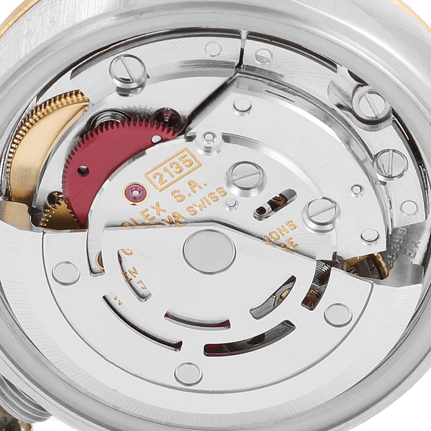 The image shows a close-up of the movement and internal mechanics of a Rolex Datejust 69173 Women's Steel and Gold (two tone) White Dial 69173 Women's Steel and Gold (two tone) White Dial model watch from the back angle.