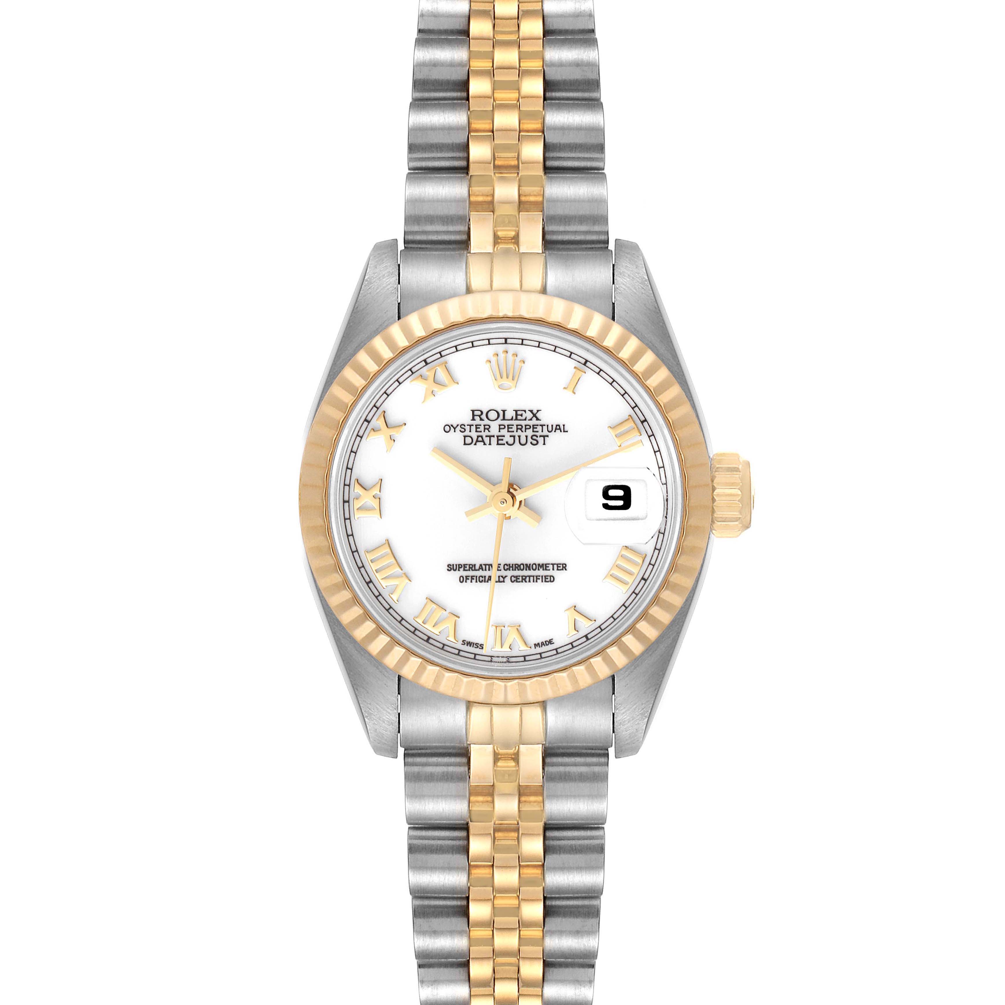 This image shows a Rolex Datejust 69173 Women's Steel and Gold (two tone) White Dial 69173 Women's Steel and Gold (two tone) White Dial watch from a top-down angle, highlighting its two-tone bracelet, fluted bezel, and white dial.