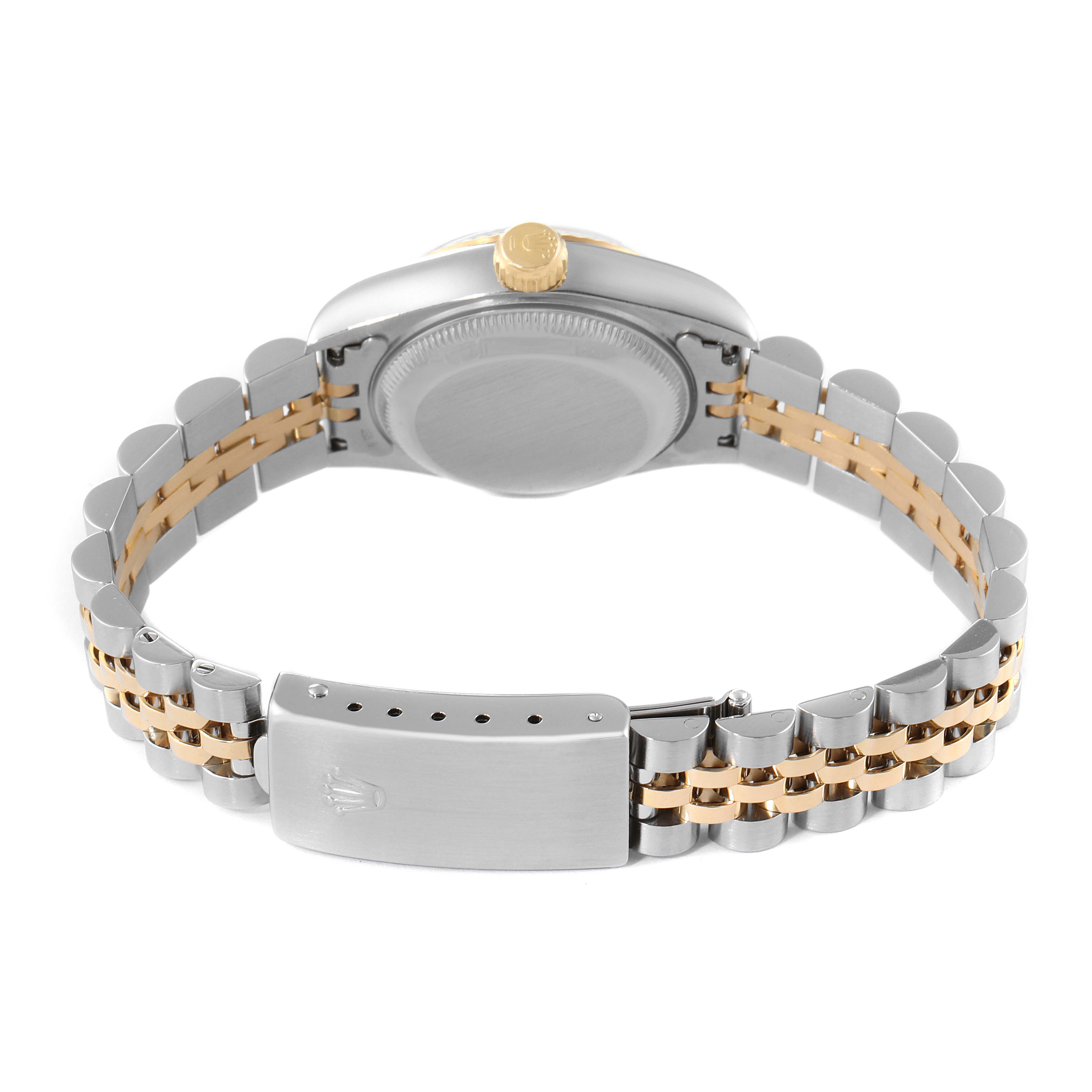 The image shows the back view of a Rolex Datejust 69173 Women's Steel and Gold (two tone) White Dial 69173 Women's Steel and Gold (two tone) White Dial watch, highlighting the case back, crown, and two-tone bracelet.