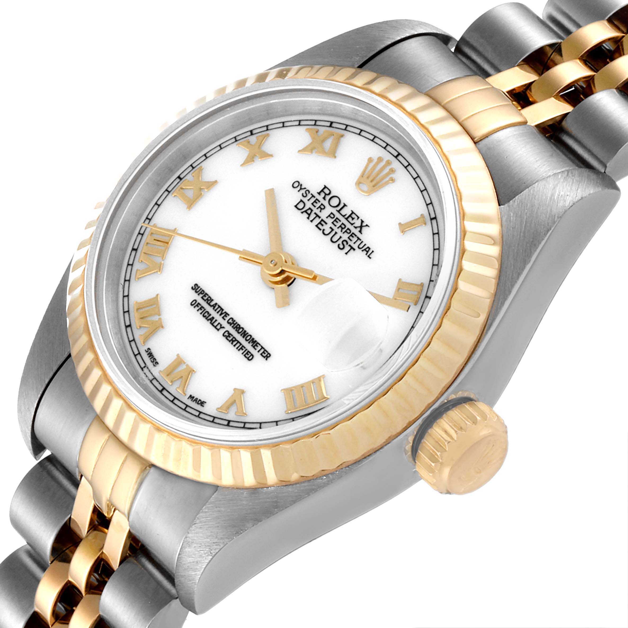 This image shows a Rolex Datejust 69173 Women's Steel and Gold (two tone) White Dial 69173 Women's Steel and Gold (two tone) White Dial watch at an angled close-up, highlighting the bezel, dial, crown, and part of the bracelet.