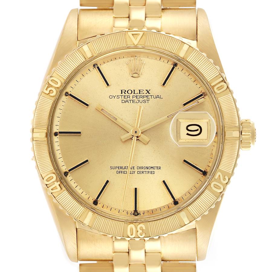 The image shows a frontal view of the Rolex Turn-o-Graph watch, highlighting the bezel, dial, hands, and date window.