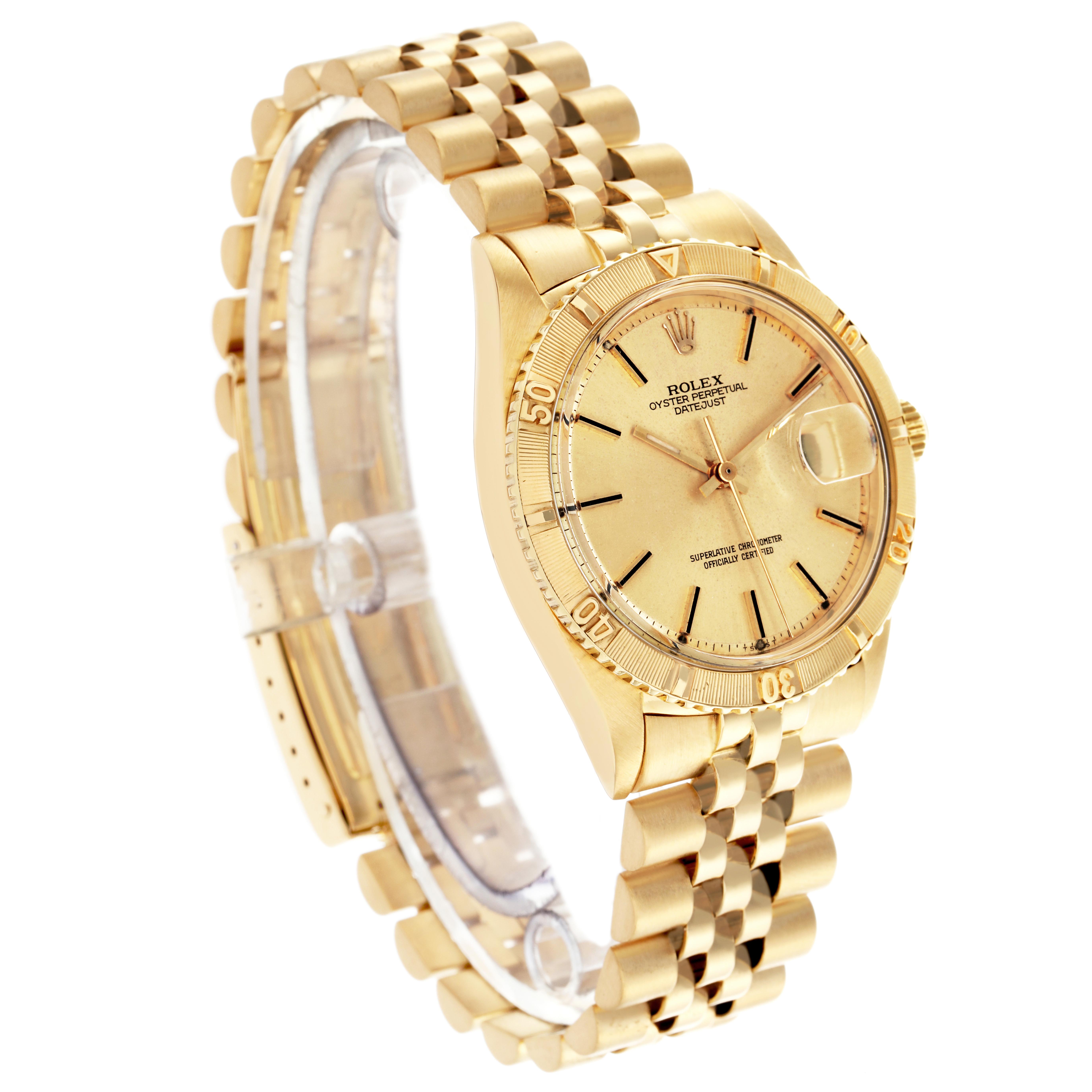 The Rolex Turn-o-Graph 1625 Men
s Yellow Gold Champagne Dial 1625 Men
s Yellow Gold Champagne Dial watch is shown at a three-quarter angle, highlighting the dial, bezel, and bracelet.