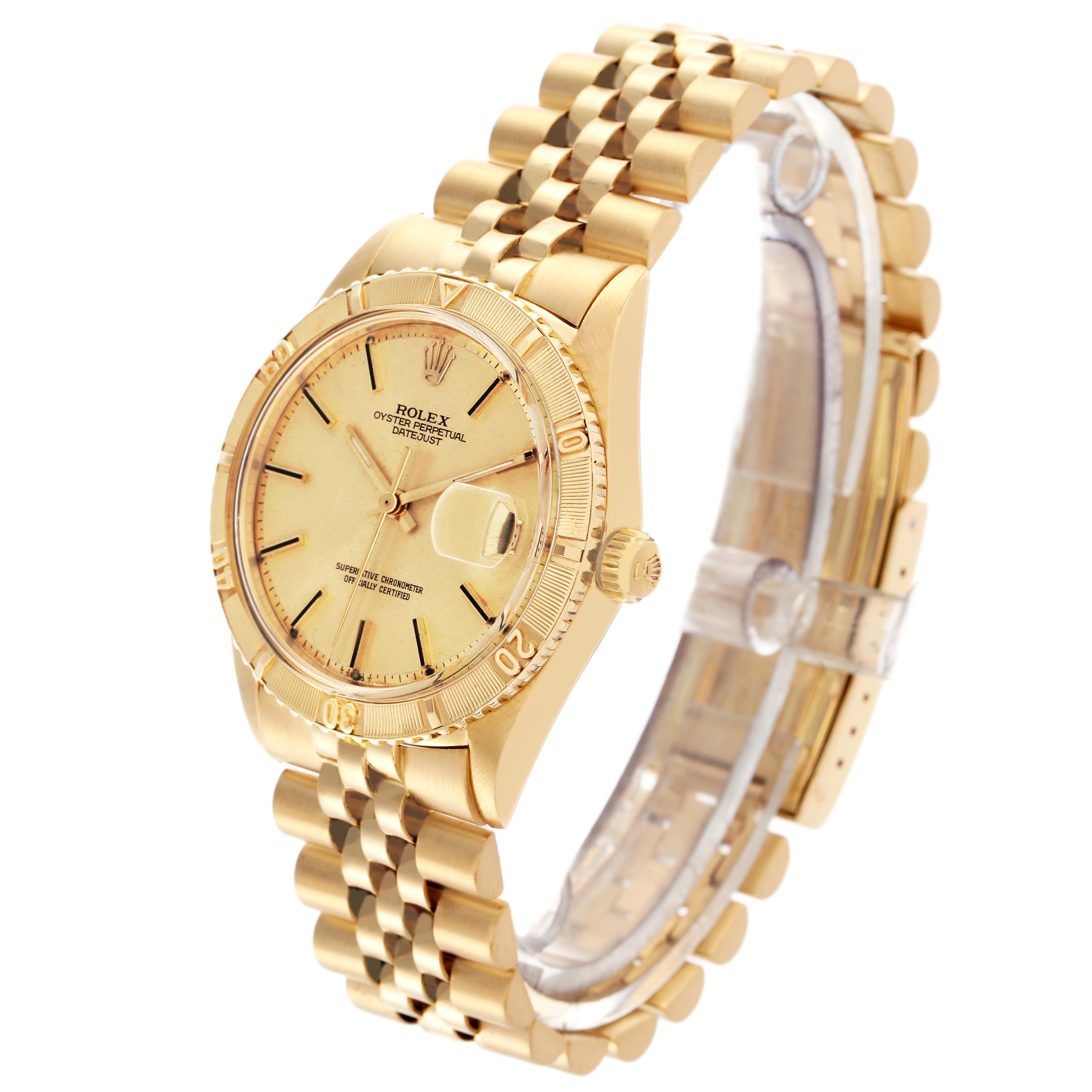 The Rolex Turn-o-Graph 1625 Men
s Yellow Gold Champagne Dial 1625 Men
s Yellow Gold Champagne Dial watch is shown at a slight angle displaying the dial, bezel, and part of the gold bracelet.