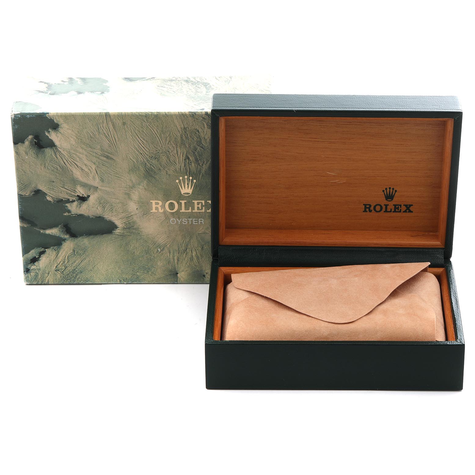 The image shows a Rolex Turn-o-Graph 1625 Men
s Yellow Gold Champagne Dial 1625 Men
s Yellow Gold Champagne Dial watch box and packaging, with the box open, revealing a suede pouch inside.