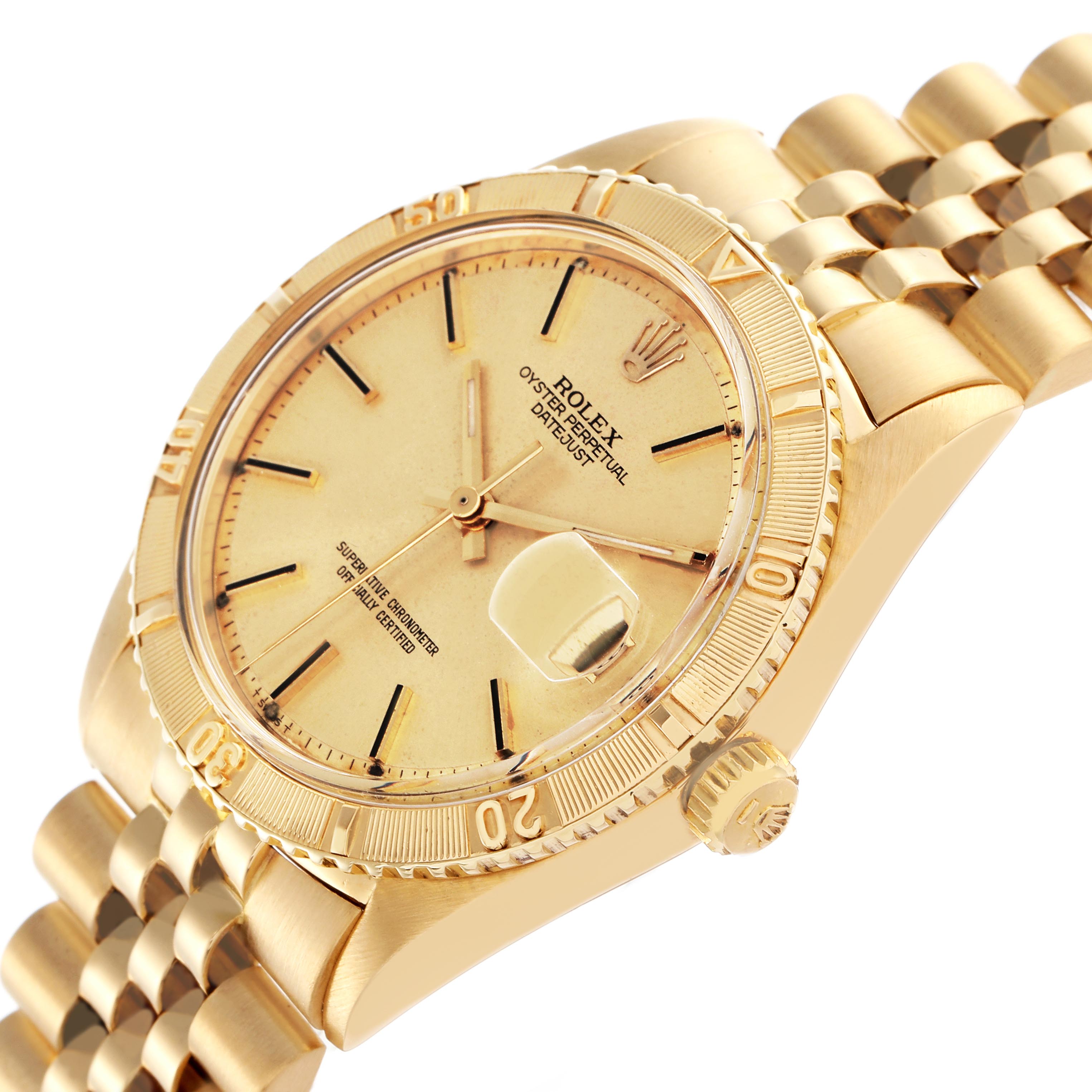 The Rolex Turn-o-Graph 1625 Men
s Yellow Gold Champagne Dial 1625 Men
s Yellow Gold Champagne Dial watch is shown at an angled view, highlighting the dial, bezel, crown, and part of the bracelet.
