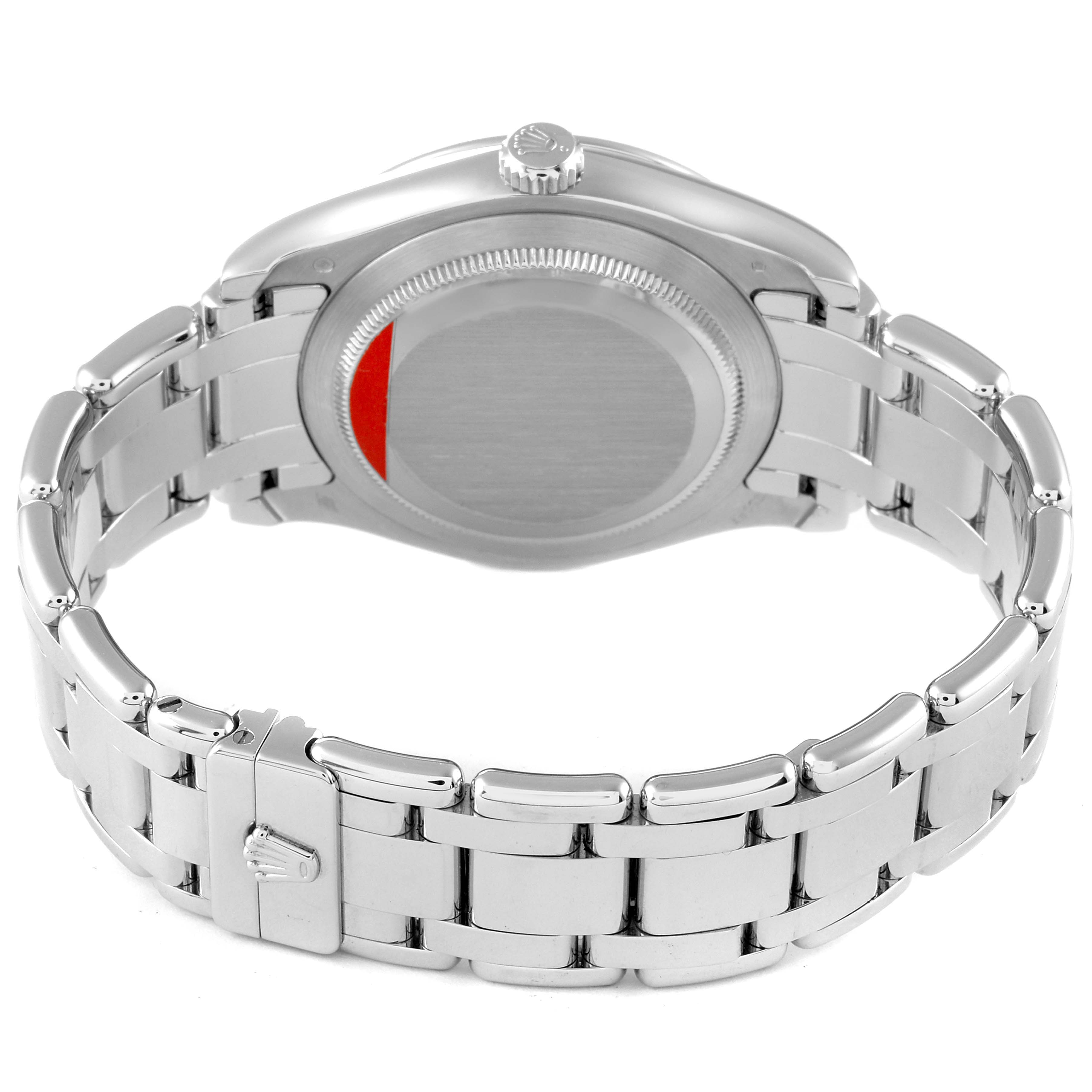 This image shows the back view of a Rolex Pearlmaster 18948 Men's Platinum Silver Dial 18948 Men's Platinum Silver Dial watch, highlighting its bracelet, clasp, and caseback.