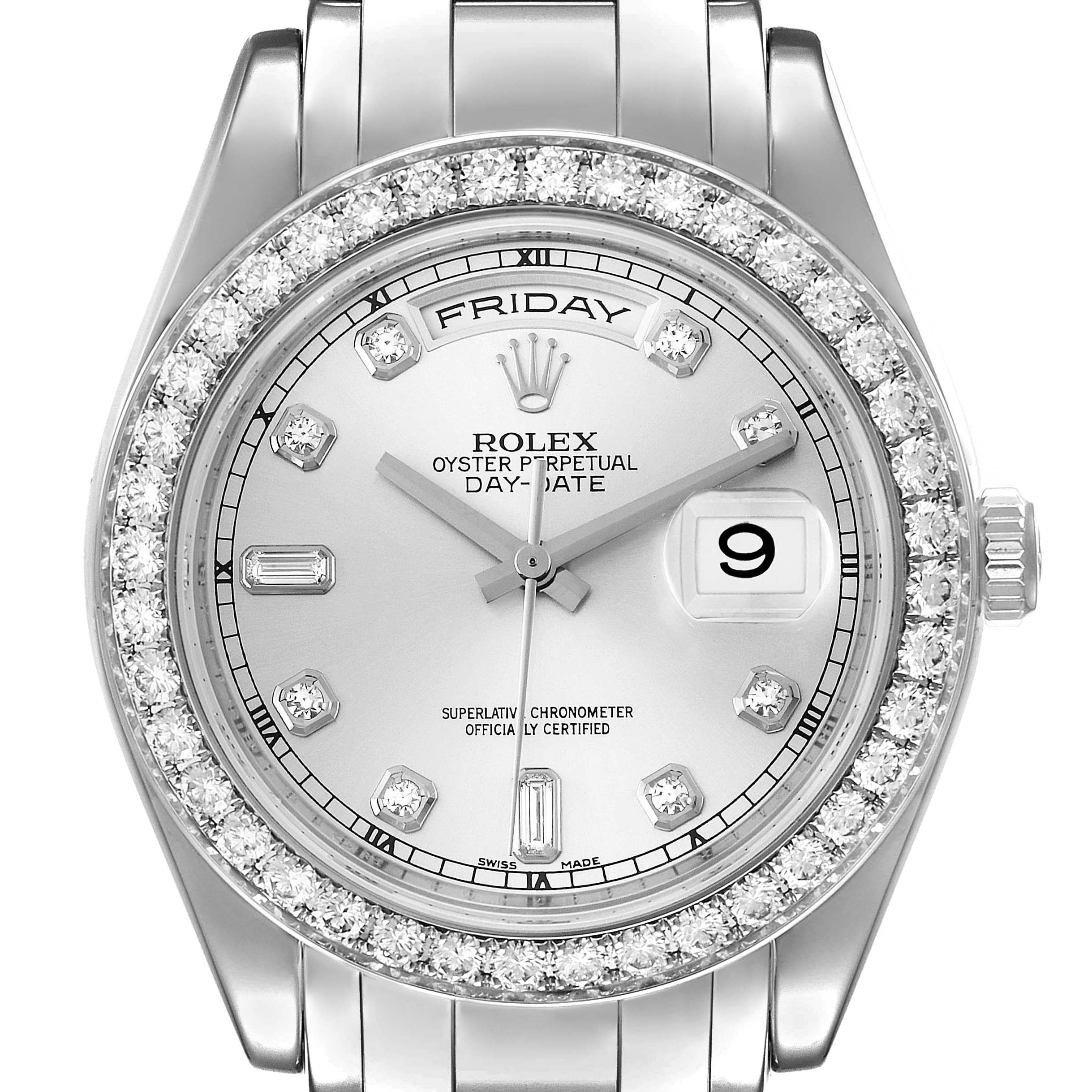 This is a close-up of the Rolex Pearlmaster 18948 Men's Platinum Silver Dial 18948 Men's Platinum Silver Dial watch showing the dial, bezel with diamonds, hands, and part of the bracelet.