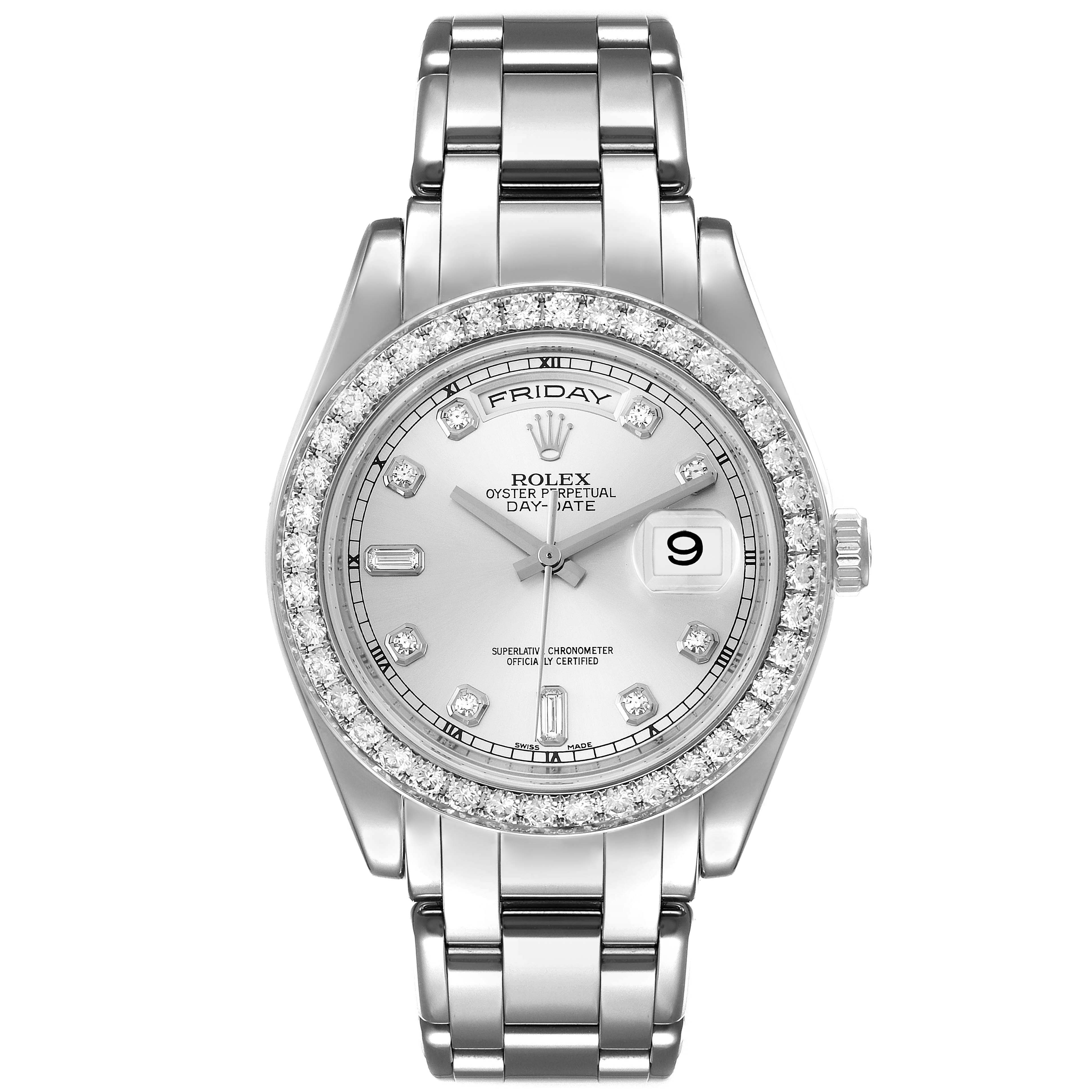 This image shows a front view of a Rolex Pearlmaster 18948 Men's Platinum Silver Dial 18948 Men's Platinum Silver Dial watch, displaying the face, bezel, and bracelet.