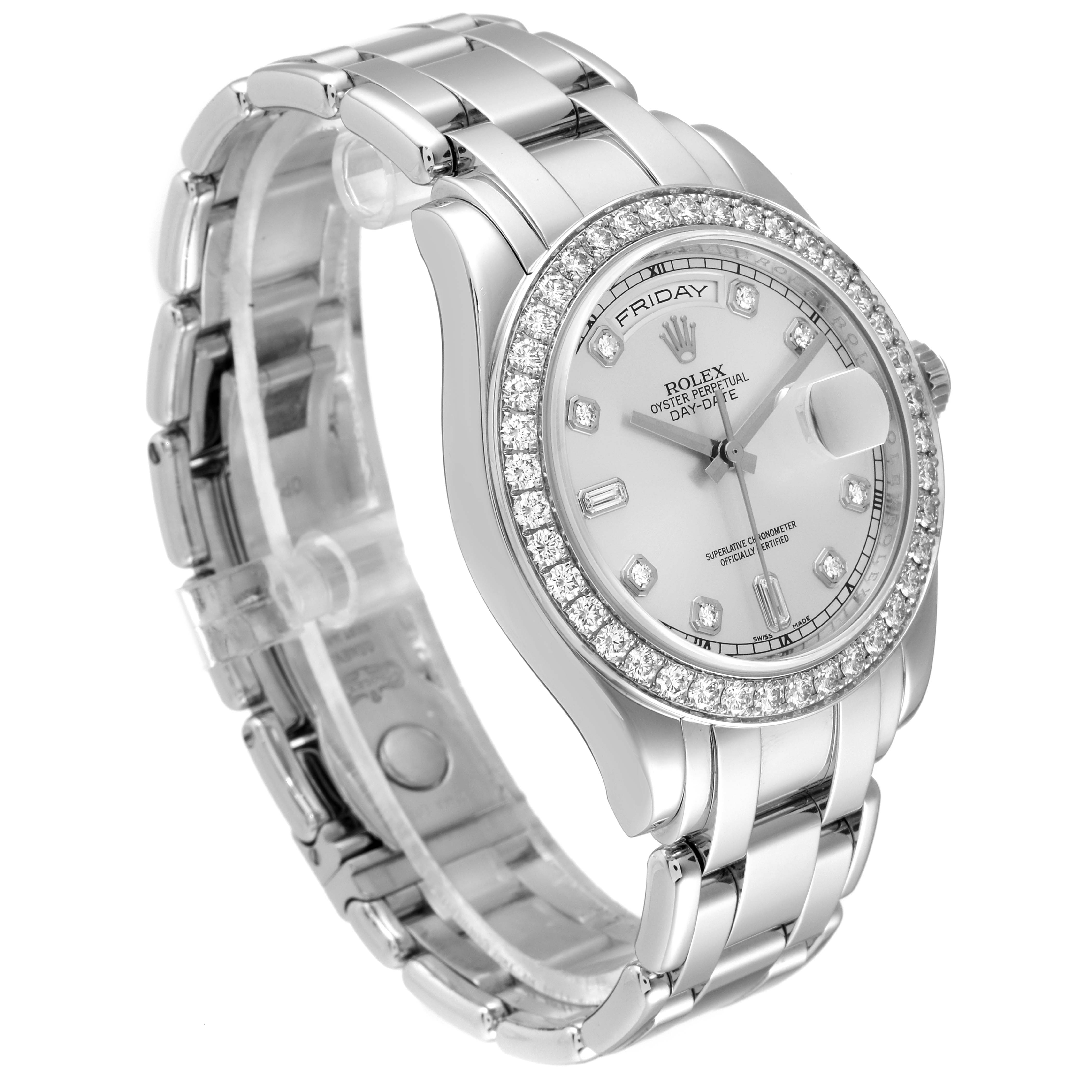 This Rolex Pearlmaster 18948 Men's Platinum Silver Dial 18948 Men's Platinum Silver Dial watch is shown at an angle highlighting the bracelet, clasp, dial, bezel, and crown.