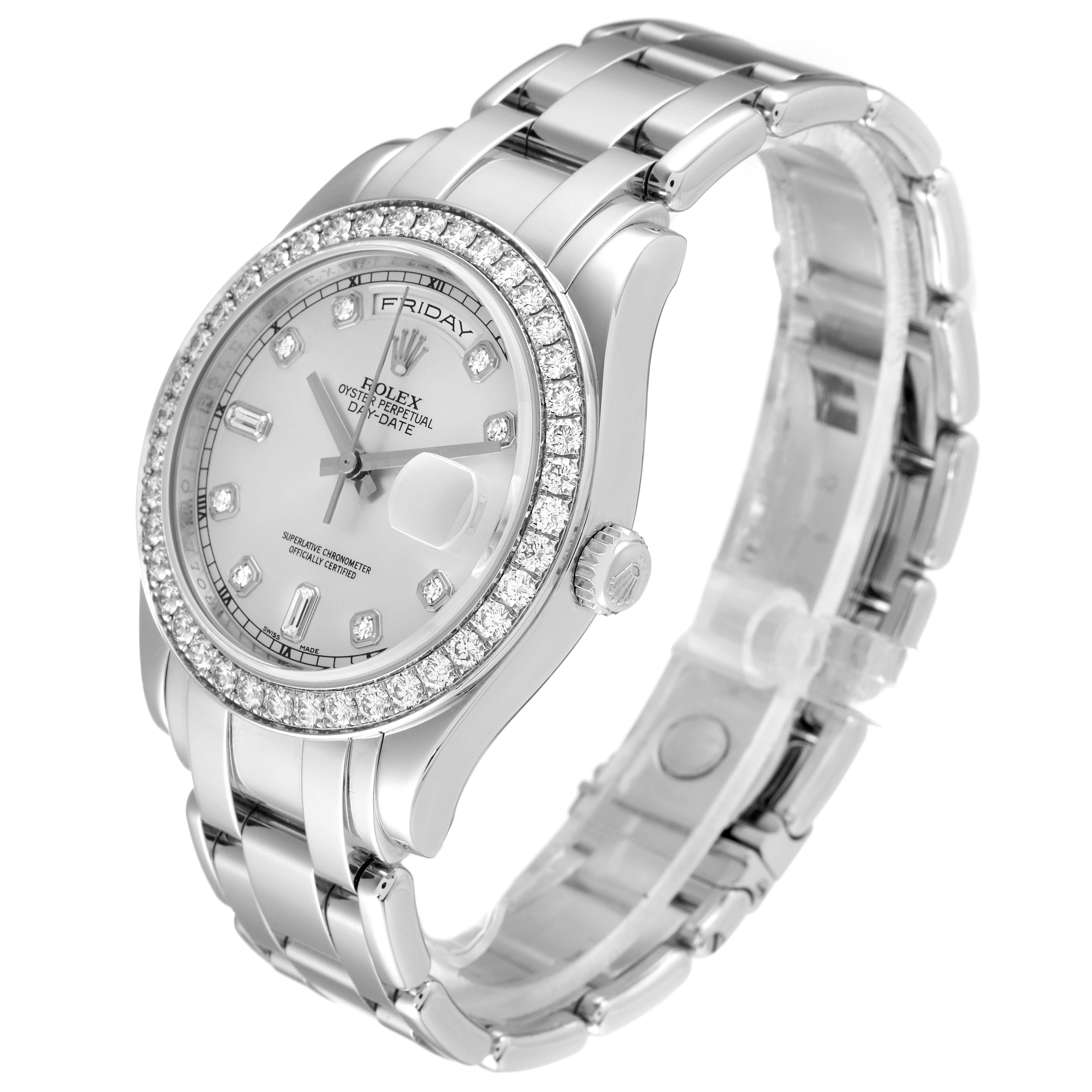 The image shows a Rolex Pearlmaster 18948 Men's Platinum Silver Dial 18948 Men's Platinum Silver Dial watch at a slight angle, highlighting its face, bezel, band, and clasp.