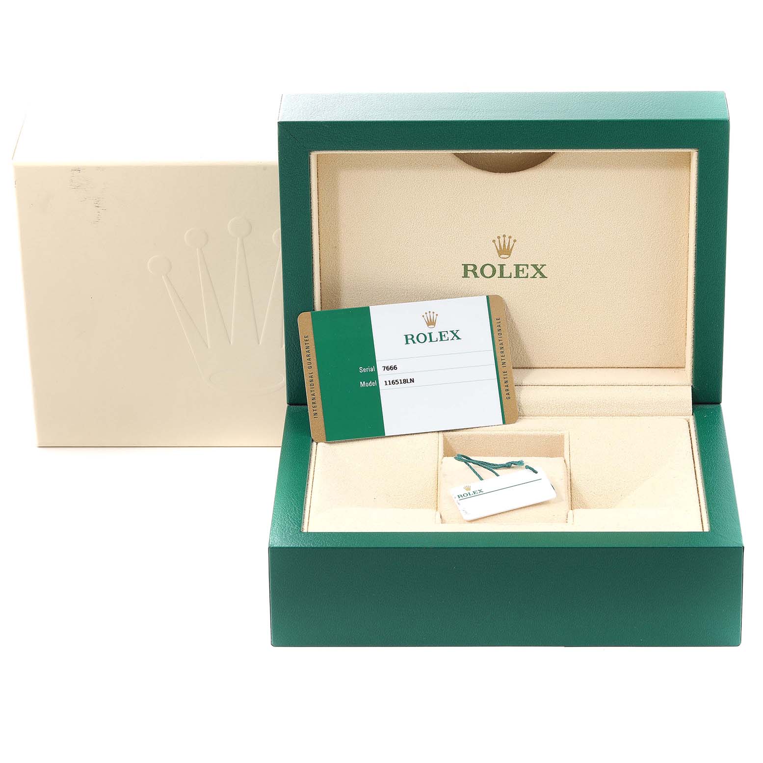 The image shows the packaging and authenticity card for a Rolex Daytona 116518 Men's Yellow Gold Champagne Dial 116518 Men's Yellow Gold Champagne Dial watch, including the box and its interior.