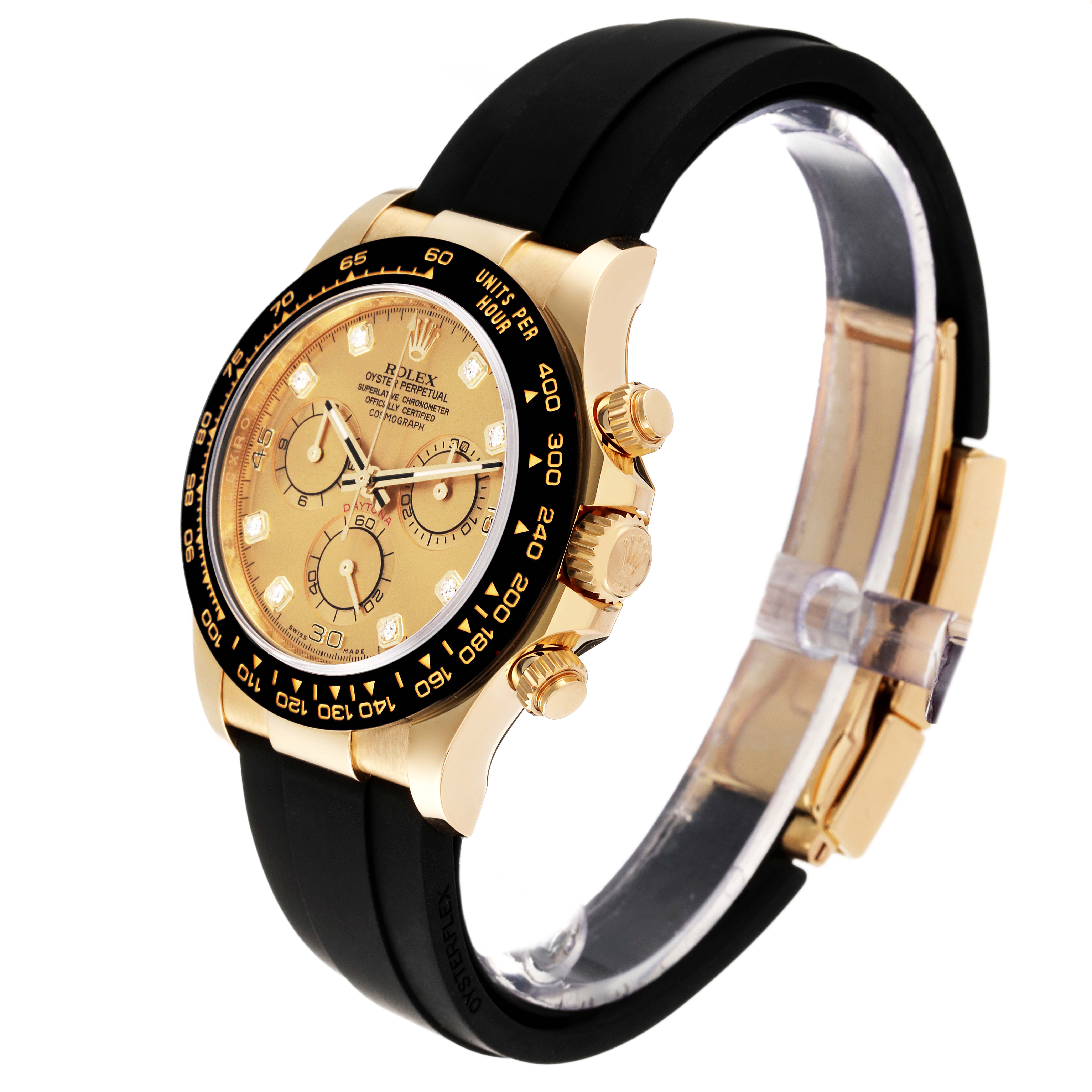 The image shows a side view of a Rolex Daytona 116518 Men's Yellow Gold Champagne Dial 116518 Men's Yellow Gold Champagne Dial watch with a gold case, black bezel, gold dial, and black strap.