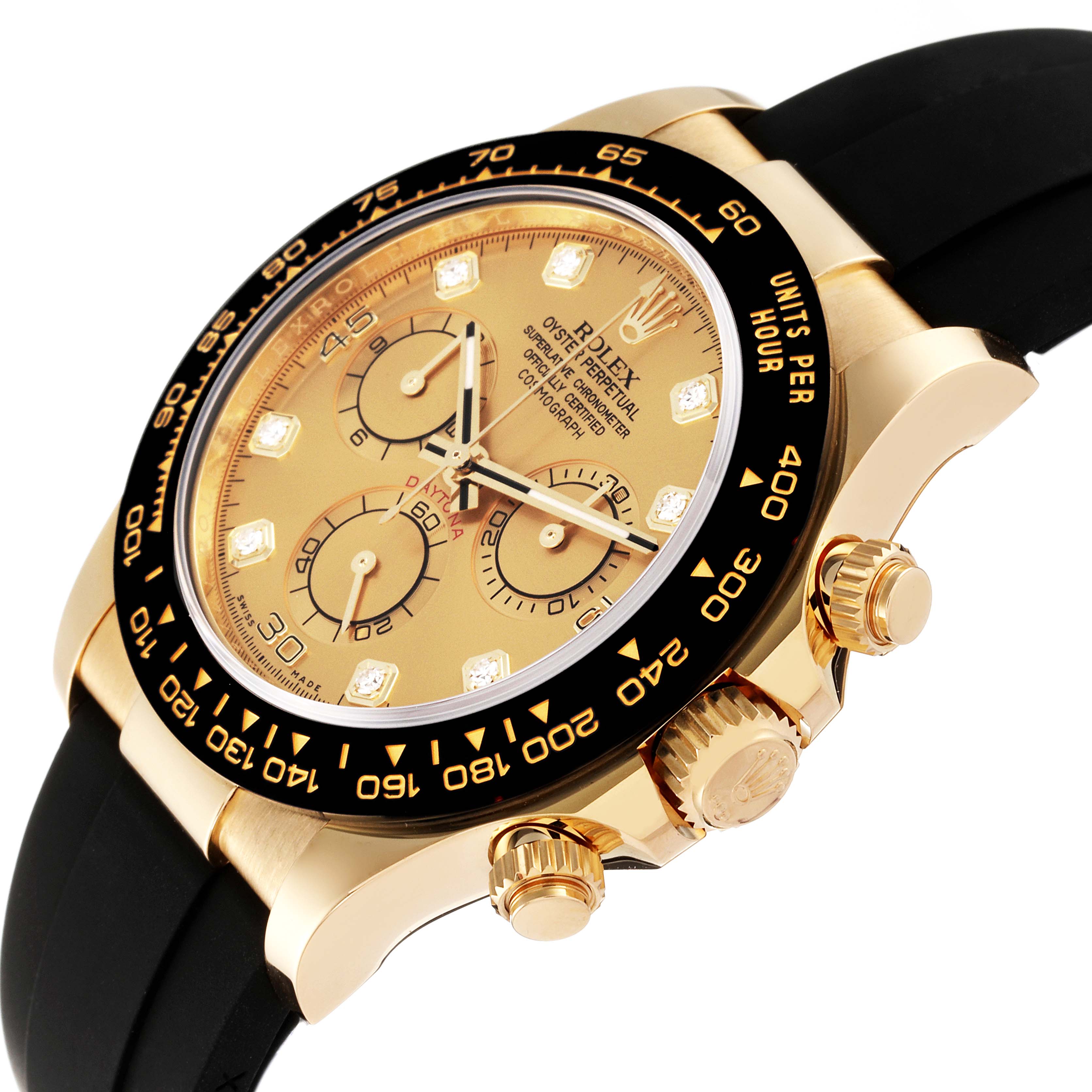 This image shows a close-up angled view of a gold Rolex Daytona 116518 Men's Yellow Gold Champagne Dial 116518 Men's Yellow Gold Champagne Dial watch, highlighting the dial, bezel, pushers, and crown.
