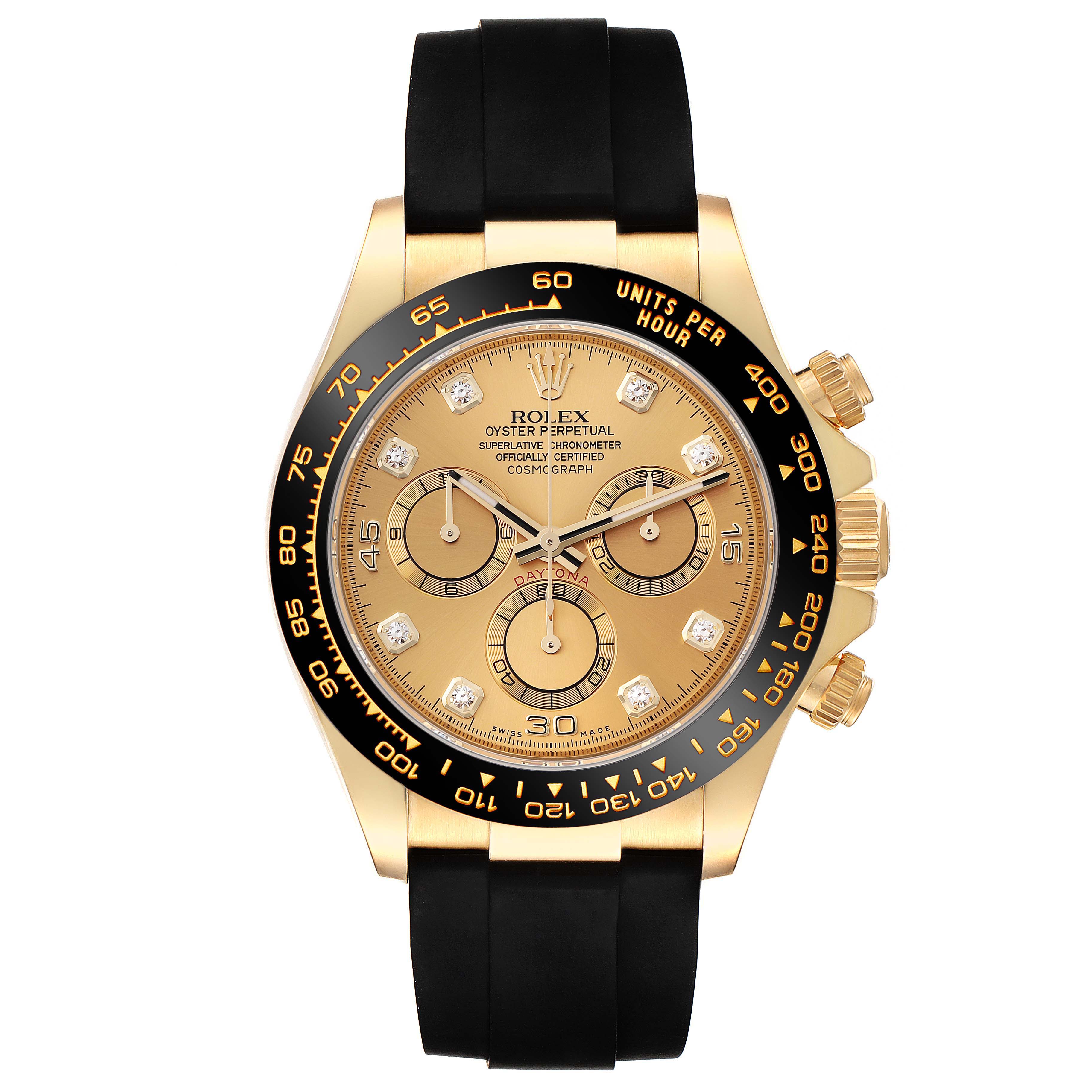 This Rolex Daytona 116518 Men's Yellow Gold Champagne Dial 116518 Men's Yellow Gold Champagne Dial watch is shown from a frontal angle, displaying its gold dial, black bezel, three subdials, and black strap.