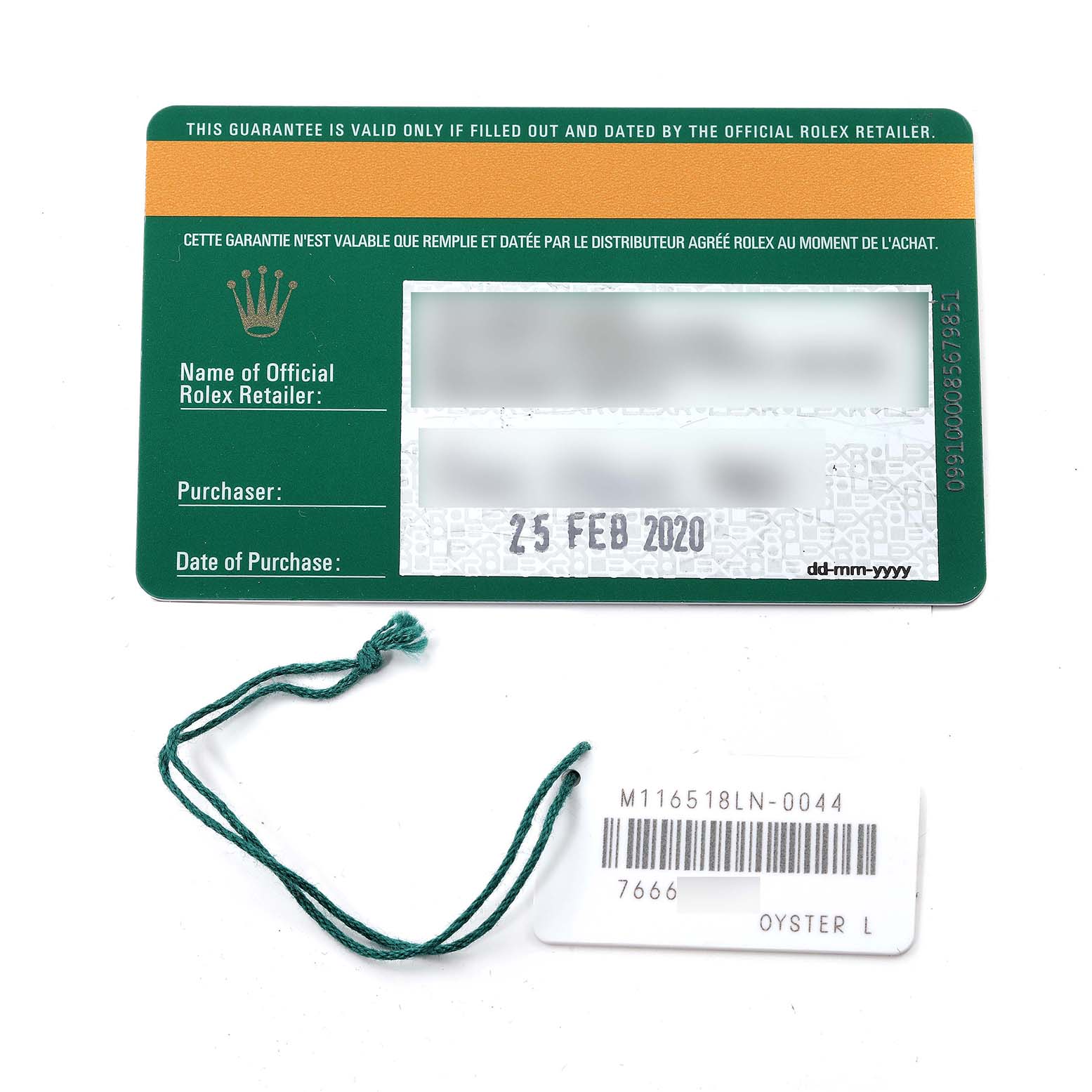 The image shows a warranty card and a label tag with a green string for a Rolex Daytona 116518 Men's Yellow Gold Champagne Dial 116518 Men's Yellow Gold Champagne Dial watch, viewed from above.
