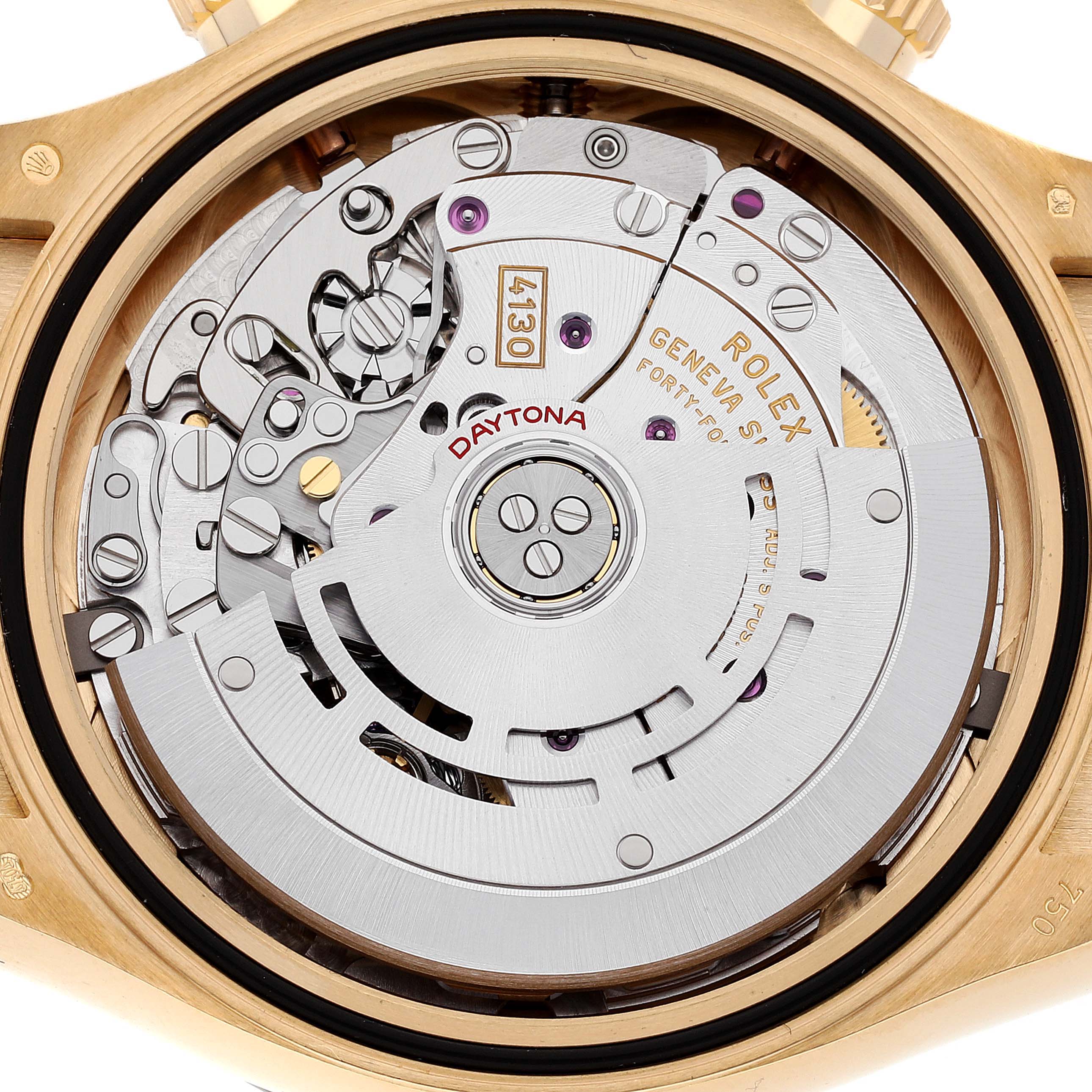 This is the back view of a Rolex Daytona 116518 Men's Yellow Gold Champagne Dial 116518 Men's Yellow Gold Champagne Dial showing its intricate movement and internal mechanisms.