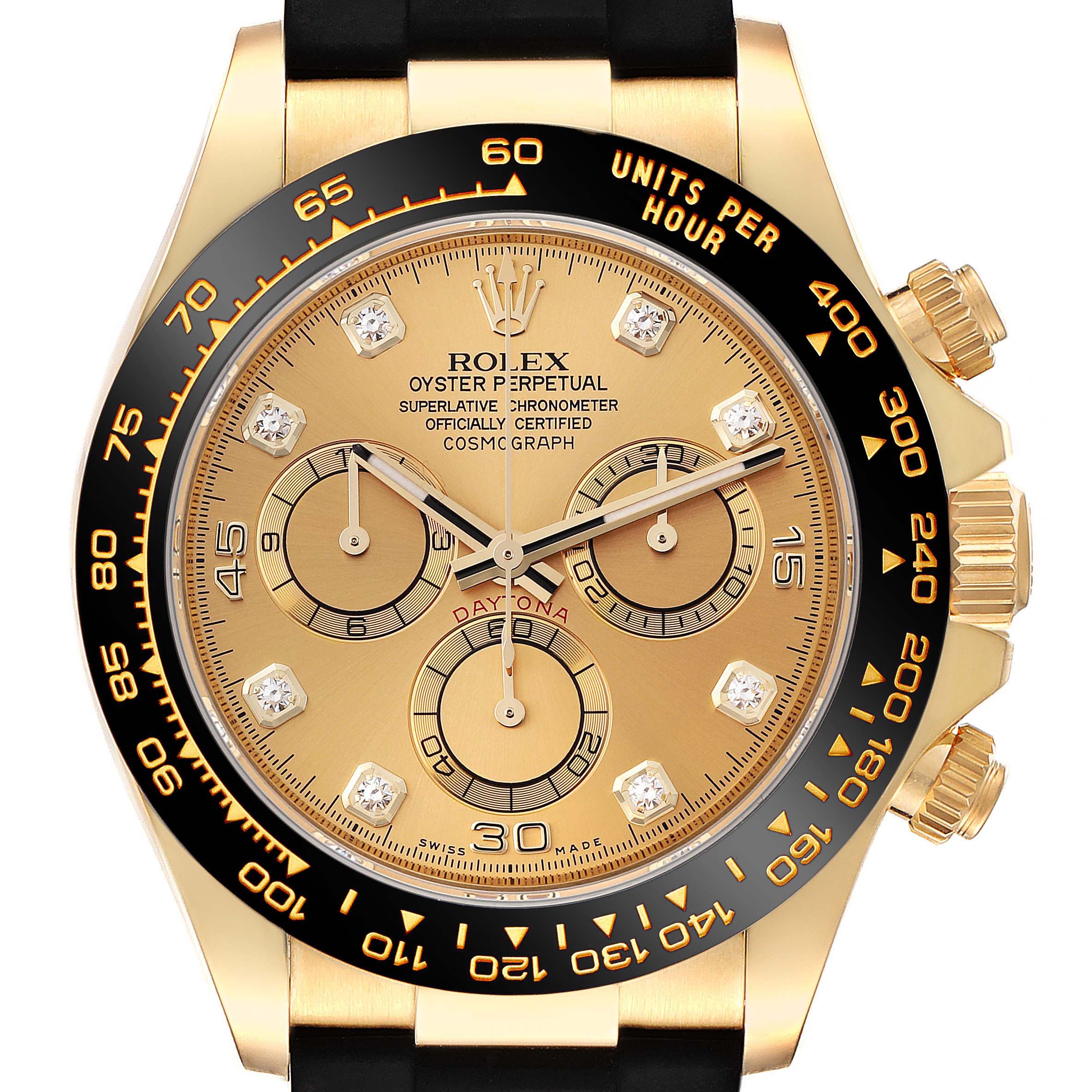 This image shows a front view of a Rolex Daytona 116518 Men's Yellow Gold Champagne Dial 116518 Men's Yellow Gold Champagne Dial watch, highlighting the dial, bezel, pushers, and part of the strap.