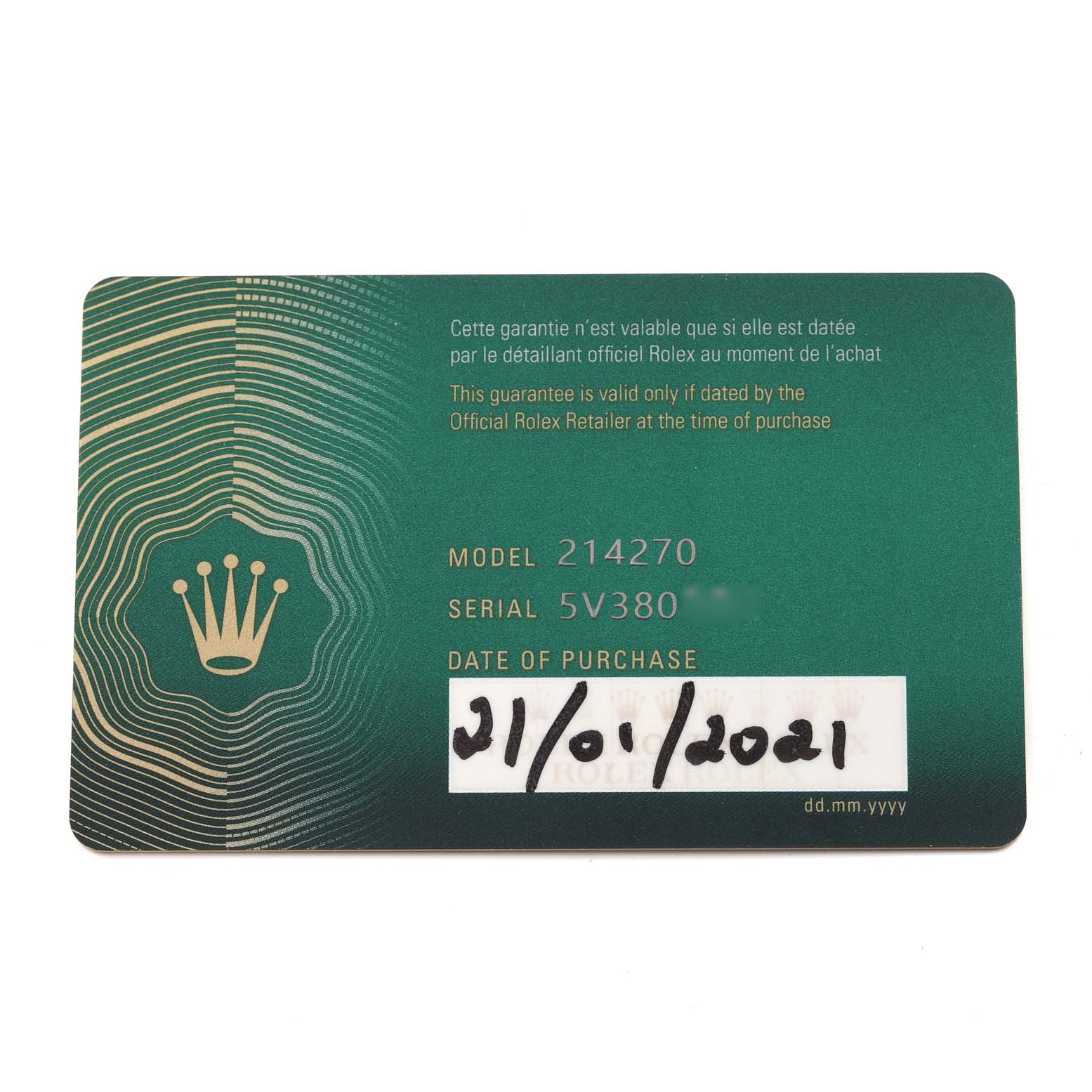 This image shows the guarantee card for a Rolex Explorer 214270 Men's Stainless Steel Black Dial 214270 Men's Stainless Steel Black Dial model watch, displaying model, serial number, and purchase date.