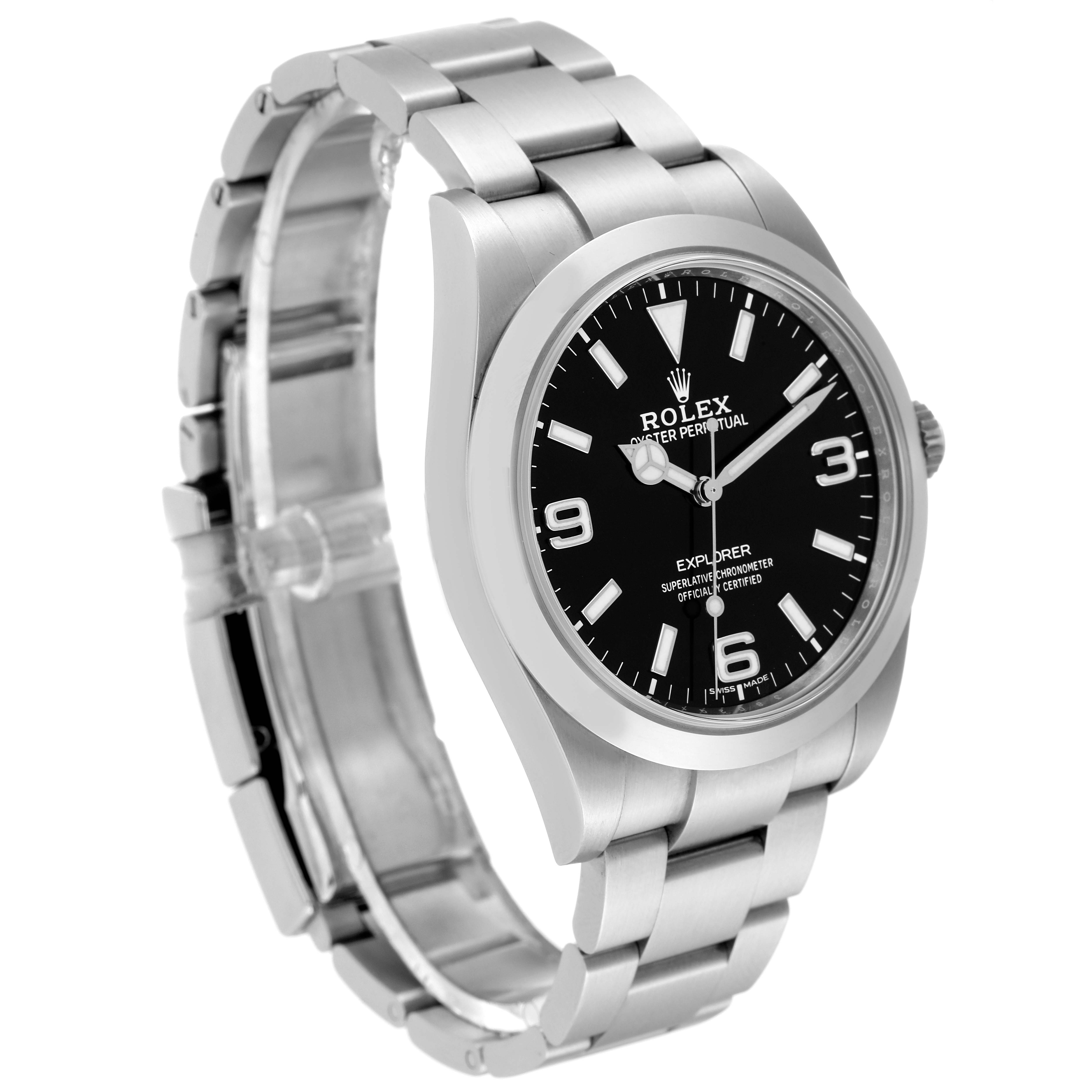 The image shows a side angle of a Rolex Explorer 214270 Men's Stainless Steel Black Dial 214270 Men's Stainless Steel Black Dial watch, displaying the bracelet, case, bezel, and dial.