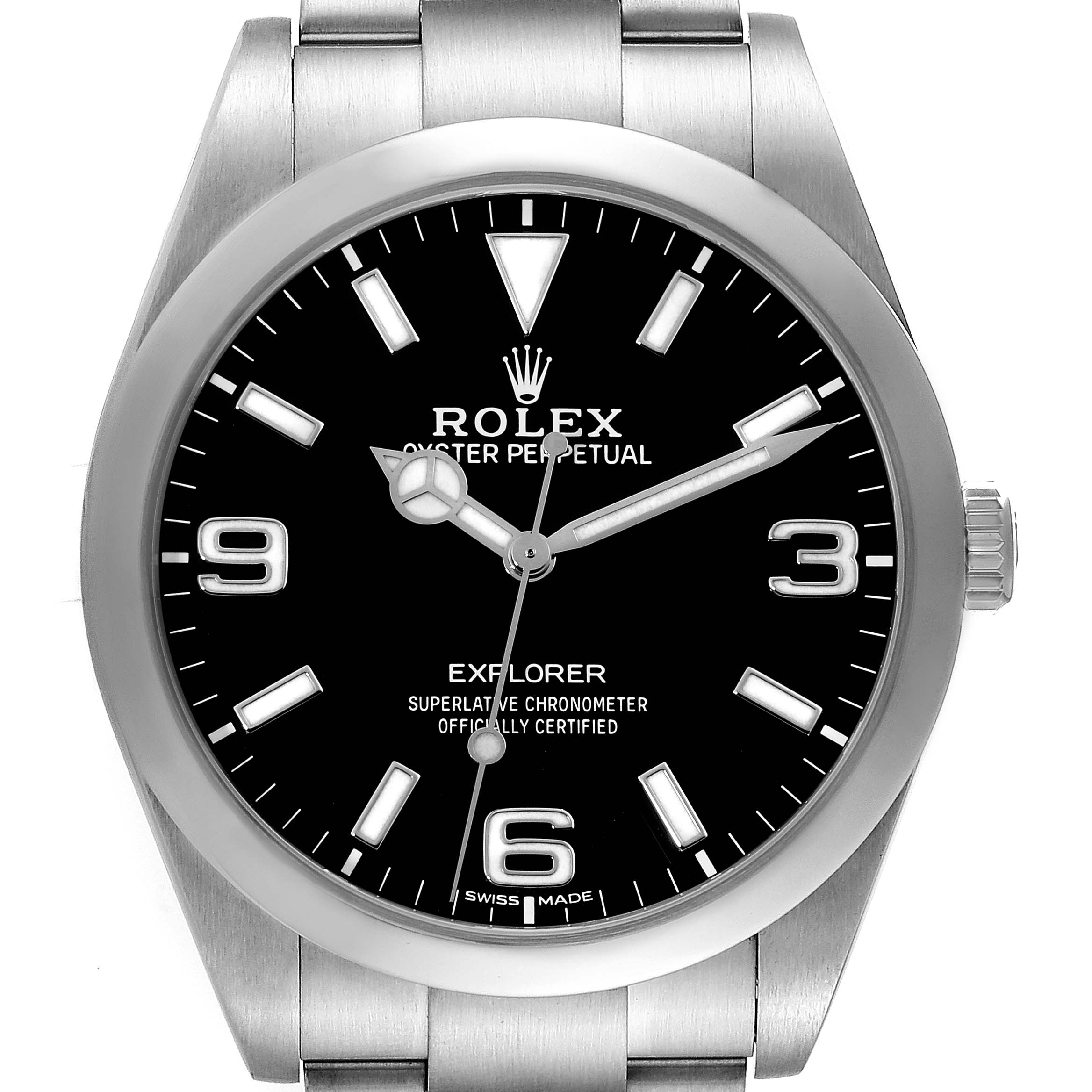 This image shows a front view of the Rolex Explorer 214270 Men's Stainless Steel Black Dial 214270 Men's Stainless Steel Black Dial watch, displaying its watch face, bezel, and part of the bracelet.