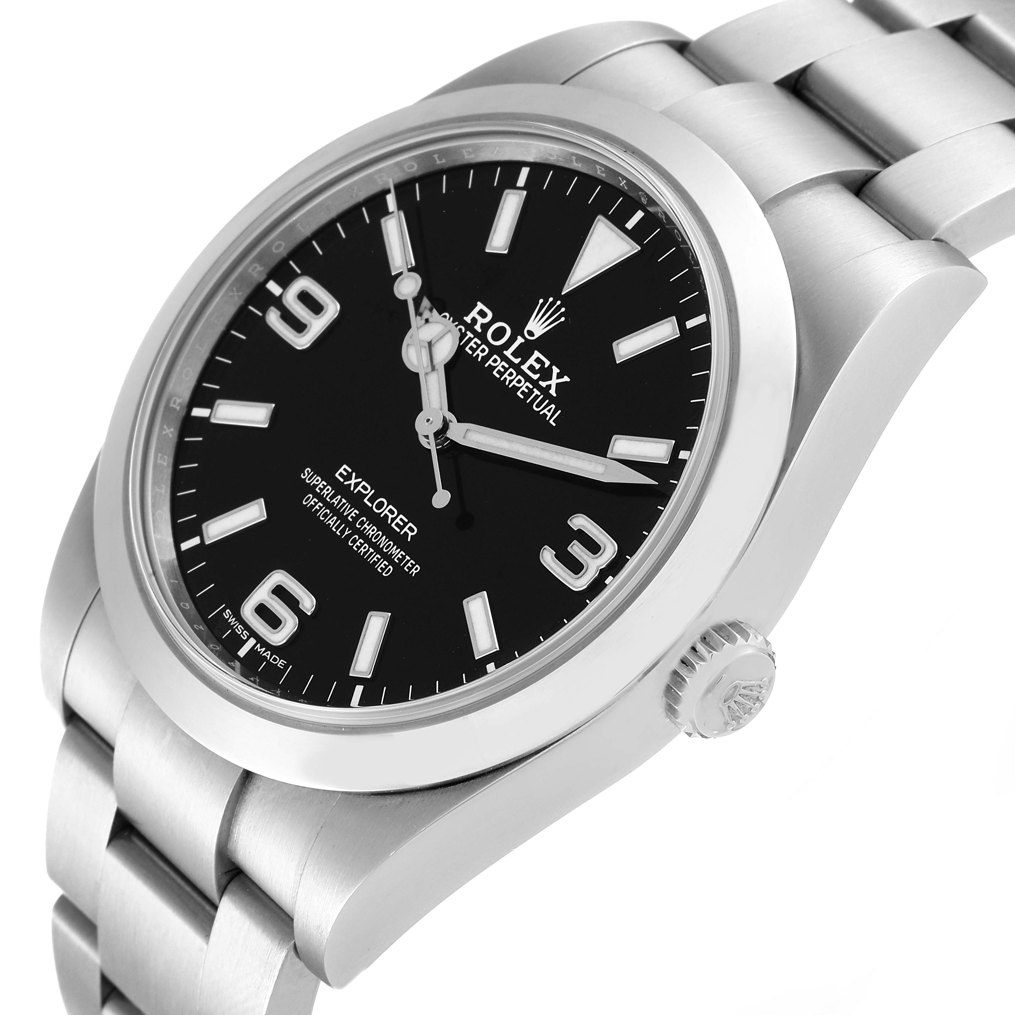 The image shows a side view of the Rolex Explorer 214270 Men's Stainless Steel Black Dial 214270 Men's Stainless Steel Black Dial watch, highlighting the bezel, dial, crown, and part of the bracelet.