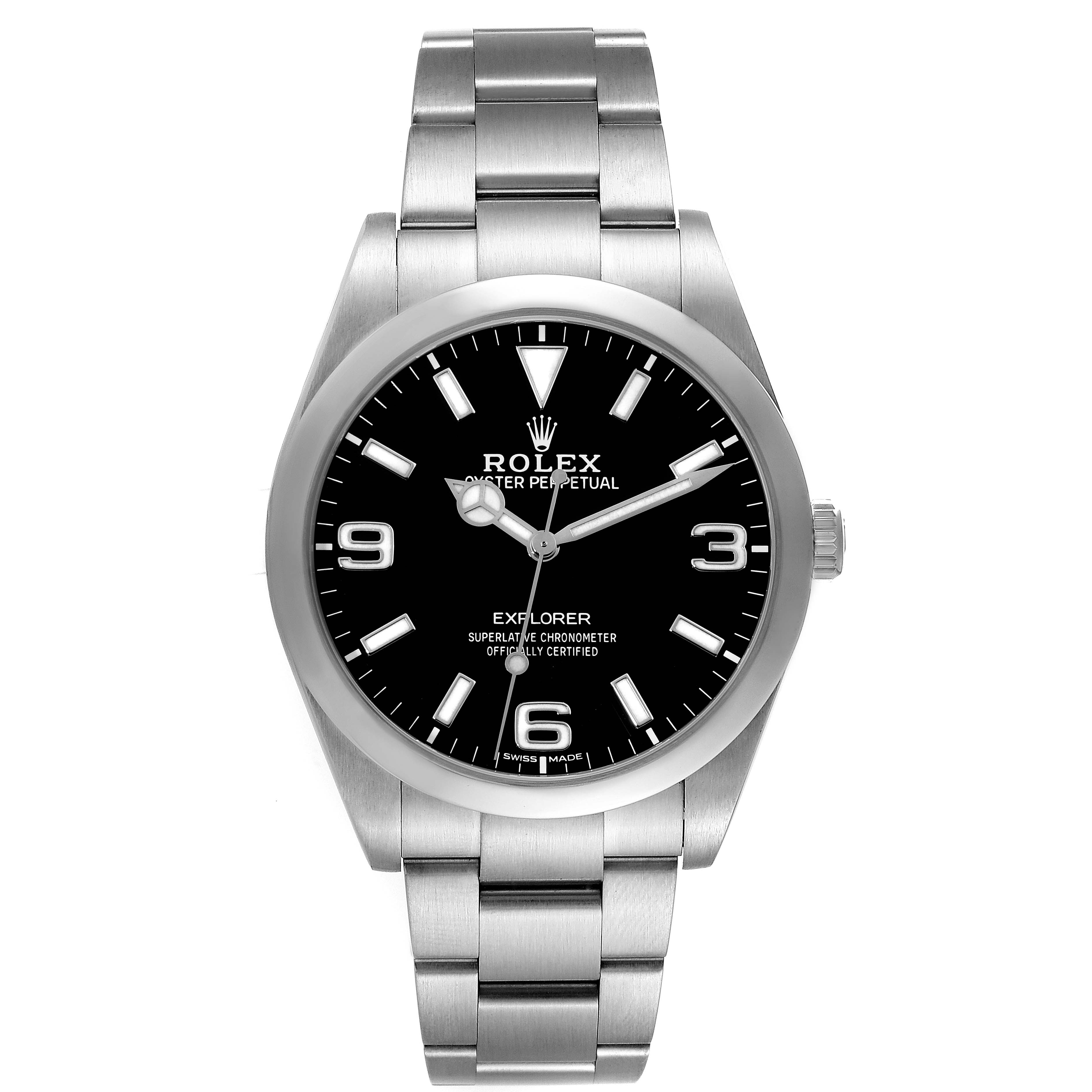 The Rolex Explorer 214270 Men's Stainless Steel Black Dial 214270 Men's Stainless Steel Black Dial watch is shown from a front view, displaying the face, bezel, and bracelet.