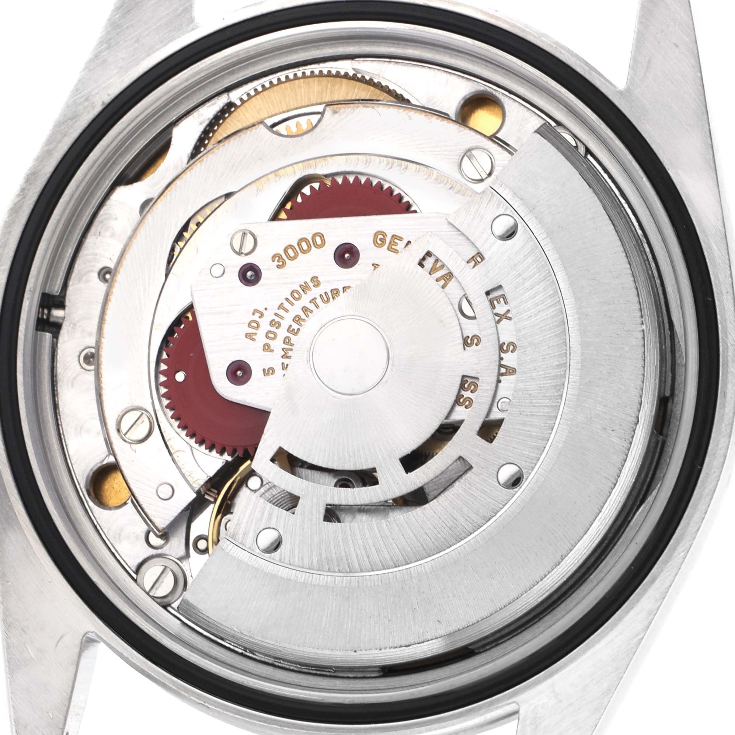 The image shows the movement of a Rolex Explorer 14270 Men
s Stainless Steel Black Dial 14270 Men
s Stainless Steel Black Dial, highlighting gears and internal components from a direct top view.