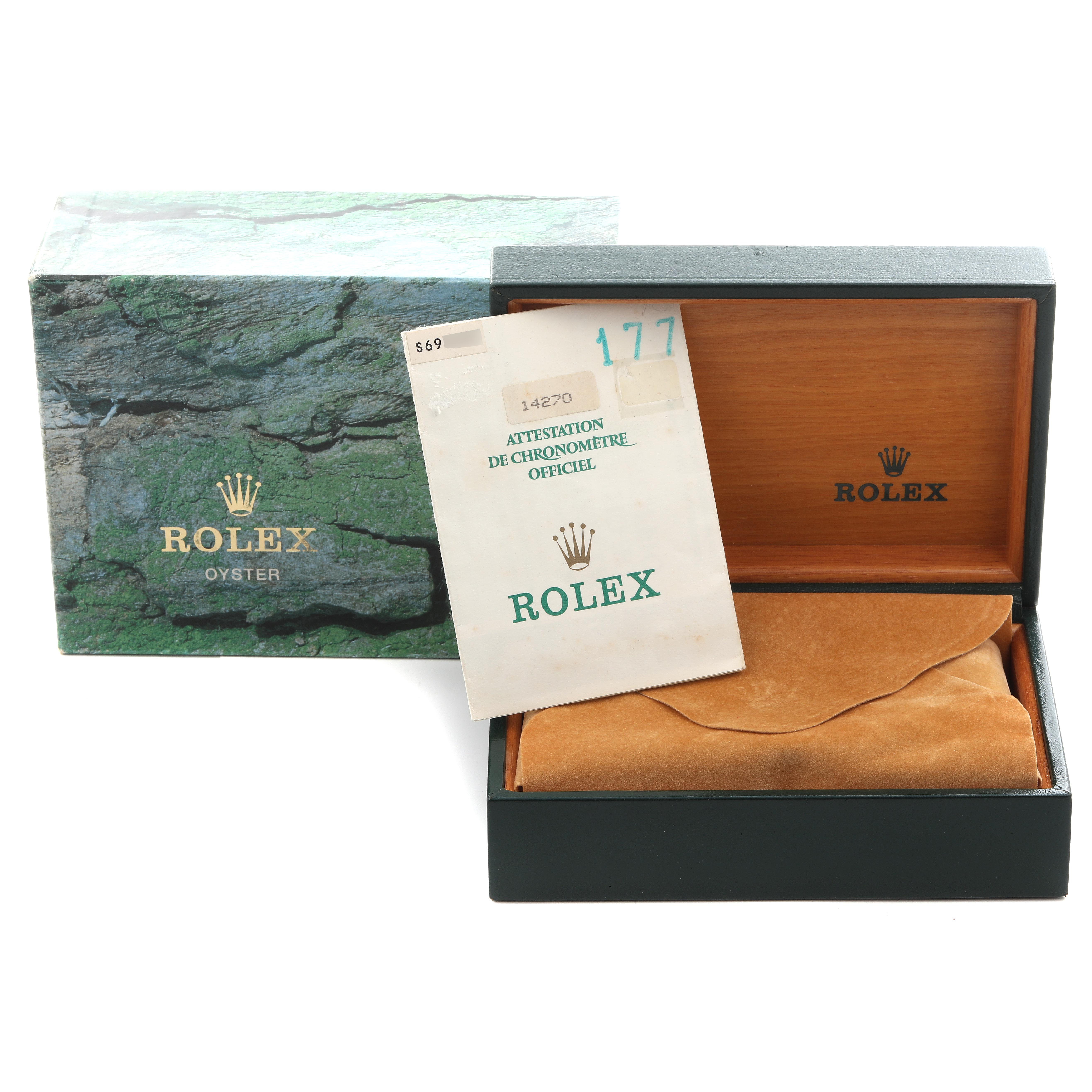 The image shows a Rolex Explorer 14270 Men
s Stainless Steel Black Dial 14270 Men
s Stainless Steel Black Dial box with an outer sleeve, certificate, and inner case, all displayed from a front angle.