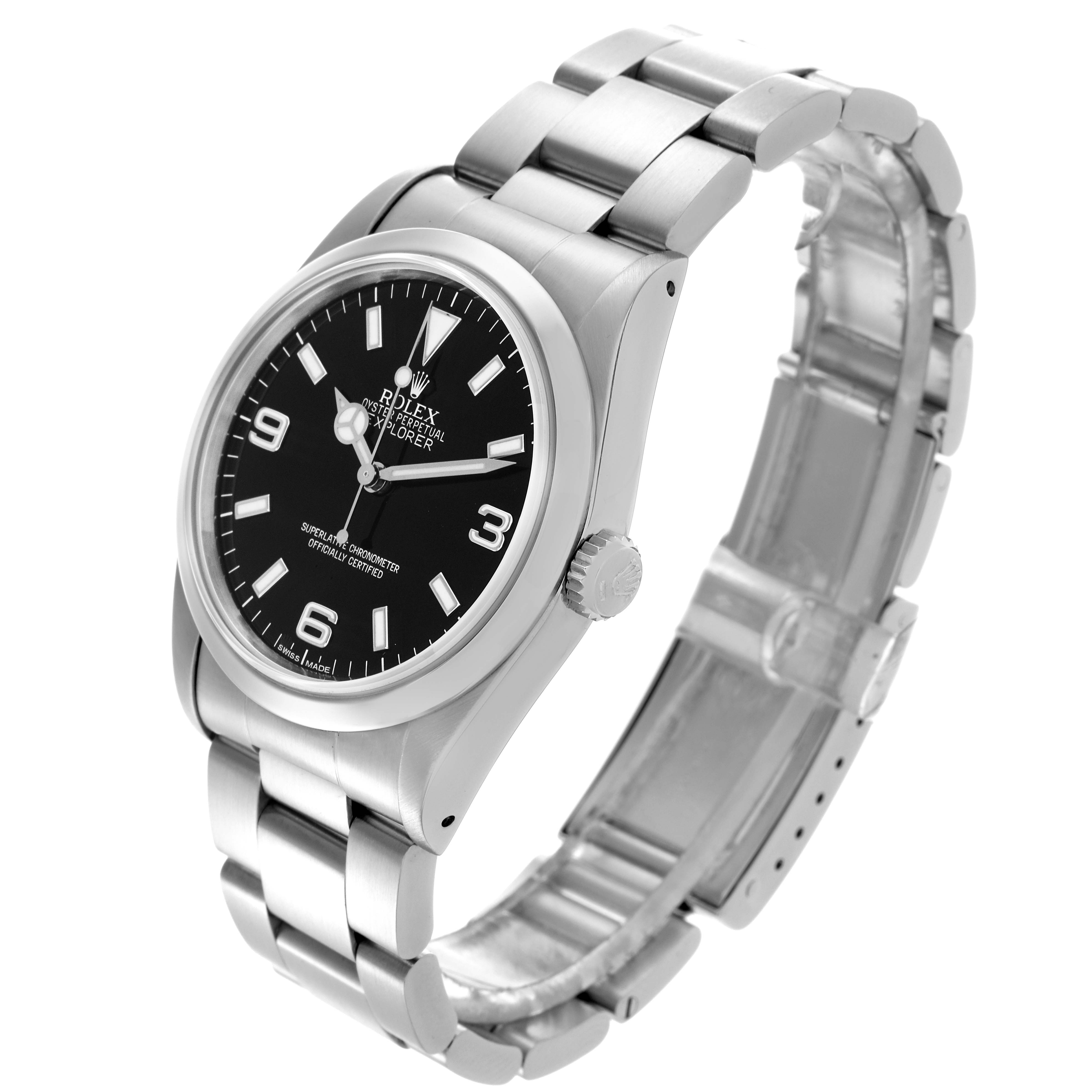 The Rolex Explorer 14270 Men
s Stainless Steel Black Dial 14270 Men
s Stainless Steel Black Dial watch is shown at an angled view, highlighting its face, crown, and bracelet links.