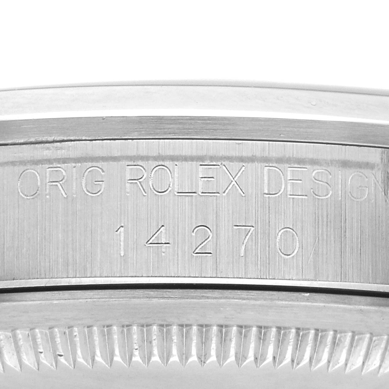 The image shows a close-up of the side engraving on the case of a Rolex Explorer 14270 Men
s Stainless Steel Black Dial 14270 Men
s Stainless Steel Black Dial, displaying the model number and branding.