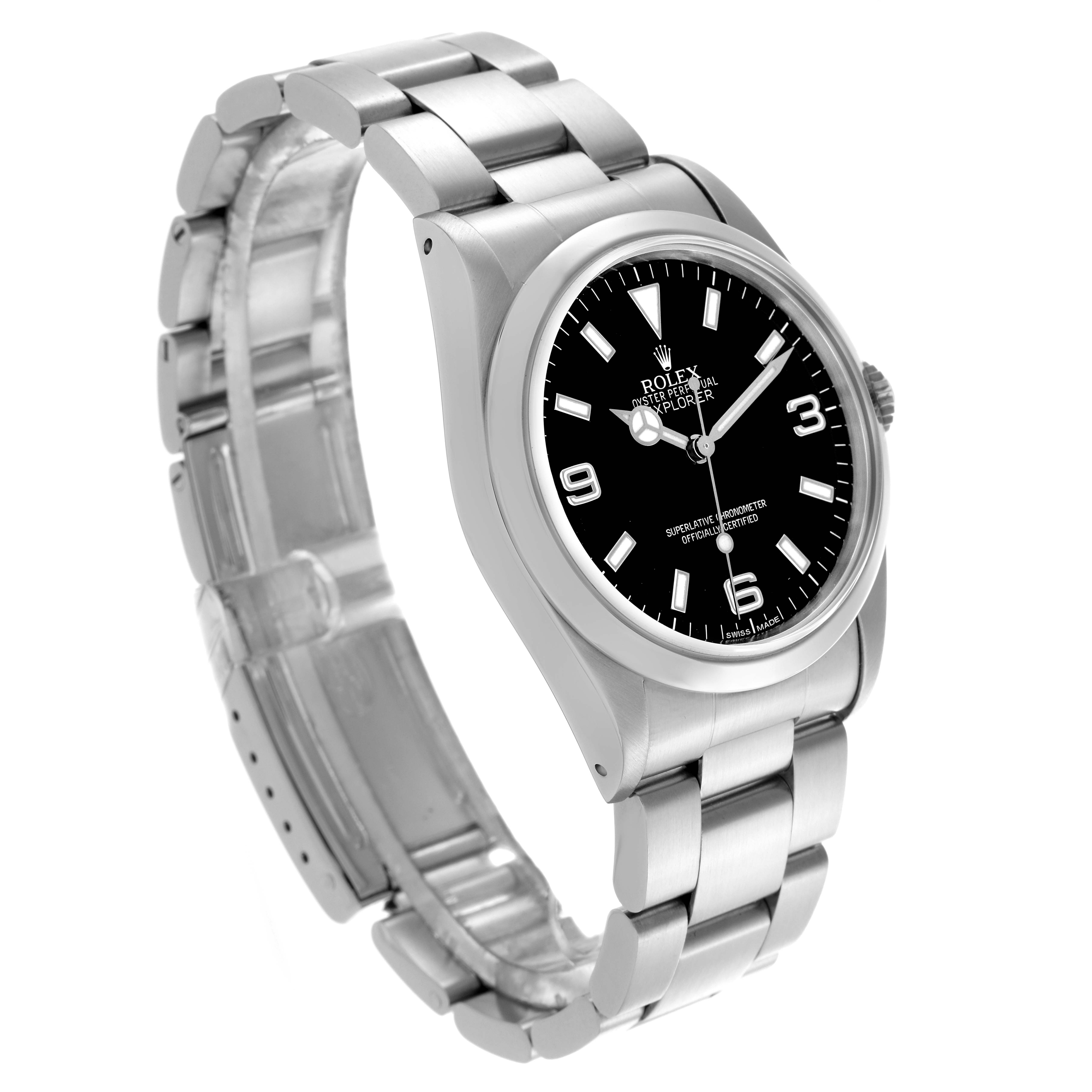 The Rolex Explorer 14270 Men
s Stainless Steel Black Dial 14270 Men
s Stainless Steel Black Dial watch is shown at a slight angle, displaying its bracelet, bezel, and black dial with hour markers.