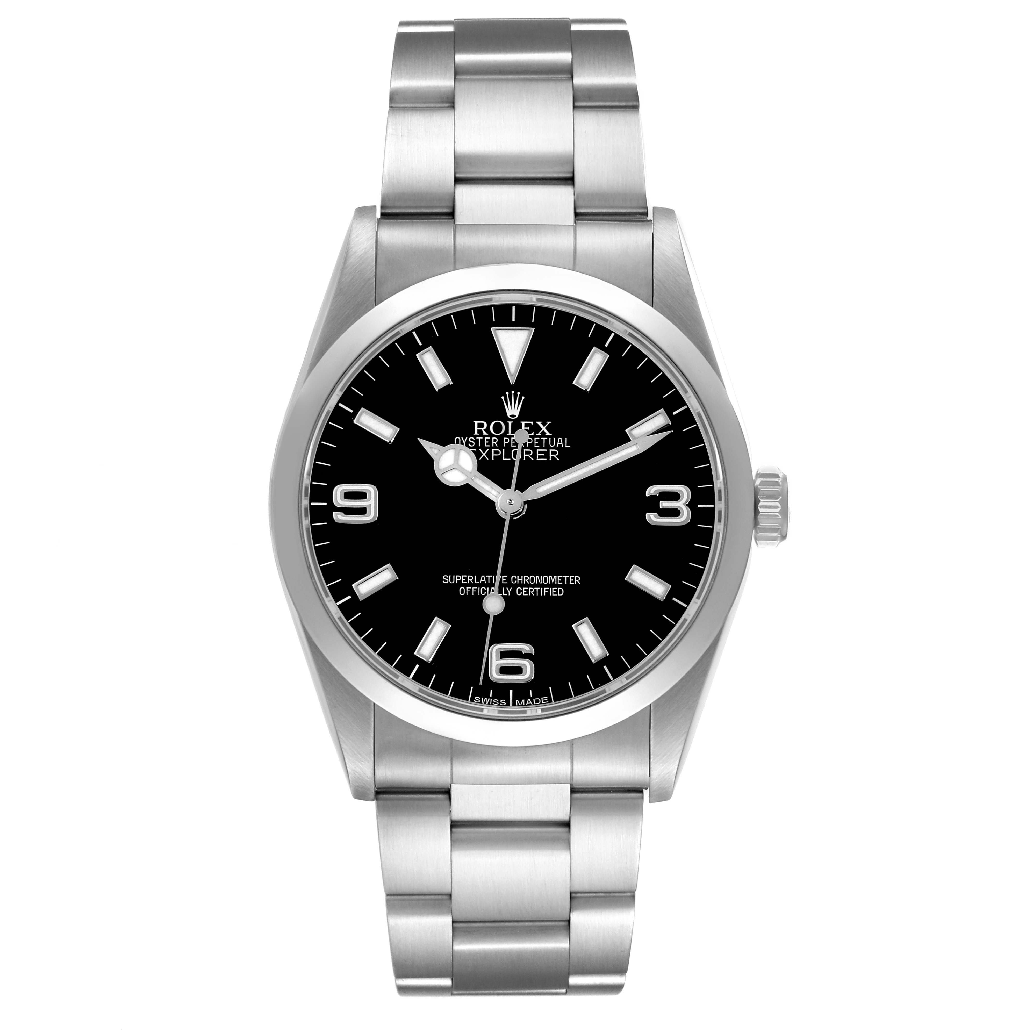 The Rolex Explorer 14270 Men
s Stainless Steel Black Dial 14270 Men
s Stainless Steel Black Dial watch is shown from a front angle, displaying its dial, bracelet, and crown.