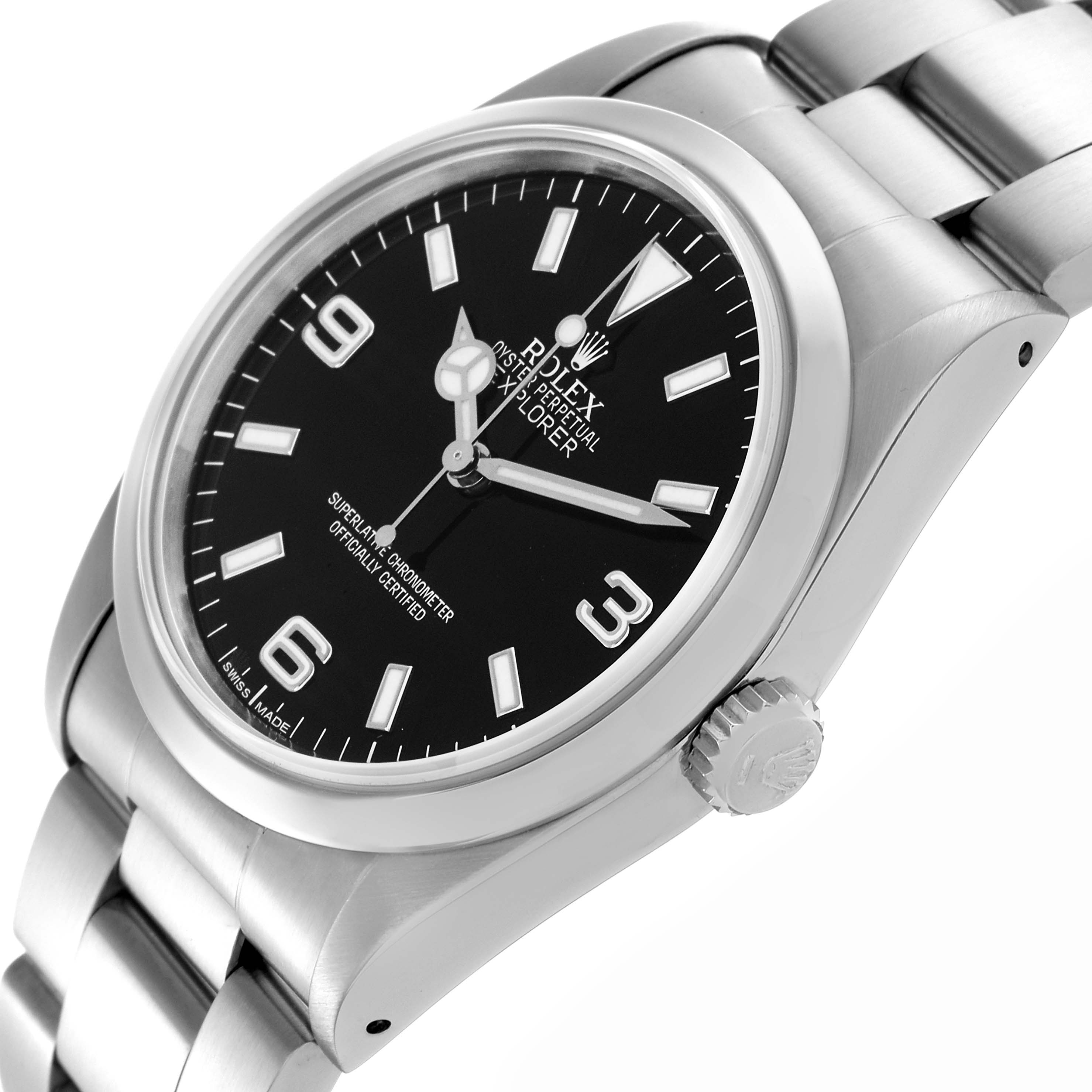The Rolex Explorer 14270 Men
s Stainless Steel Black Dial 14270 Men
s Stainless Steel Black Dial watch is shown at an angled view, highlighting its face, bezel, crown, and part of the bracelet.