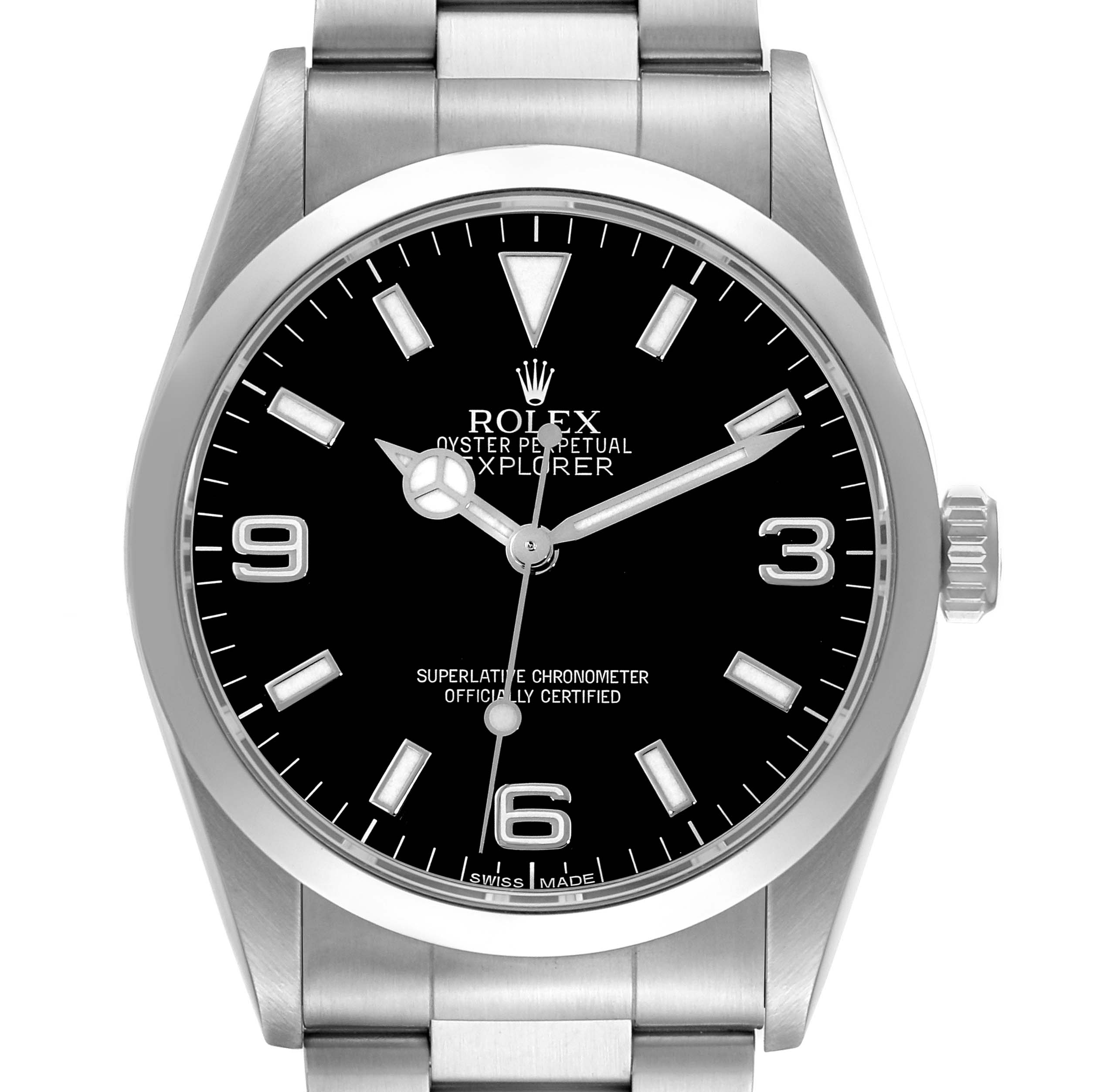 The Rolex Explorer 14270 Men
s Stainless Steel Black Dial 14270 Men
s Stainless Steel Black Dial watch is shown from a front angle, displaying the dial, hands, crown, and part of the stainless steel bracelet.