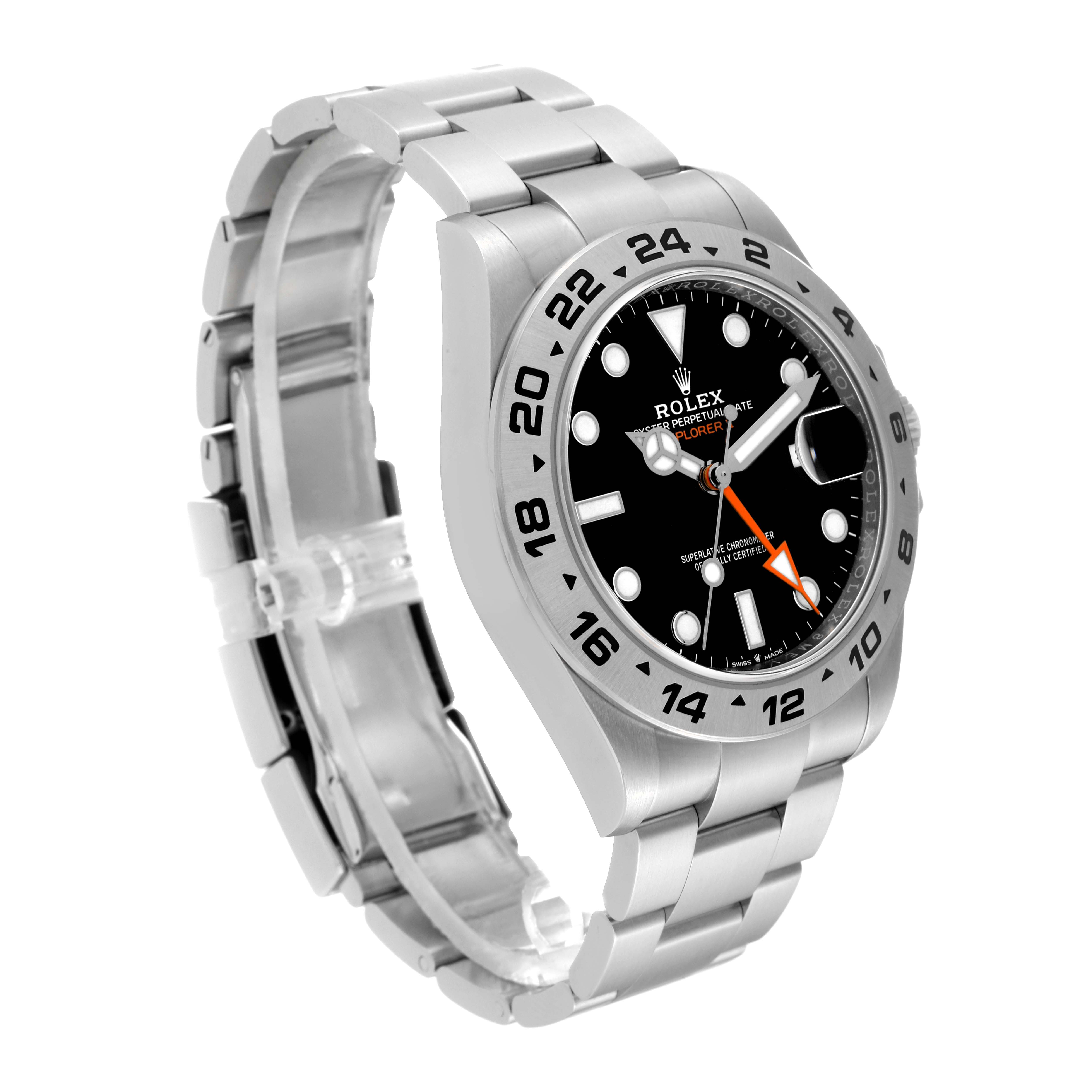 The image shows a side angle of the Rolex Explorer M226570-0002 Men's Stainless Steel Black Dial M226570-0002 Men's Stainless Steel Black Dial watch, displaying the face, bezel, and its stainless steel bracelet.