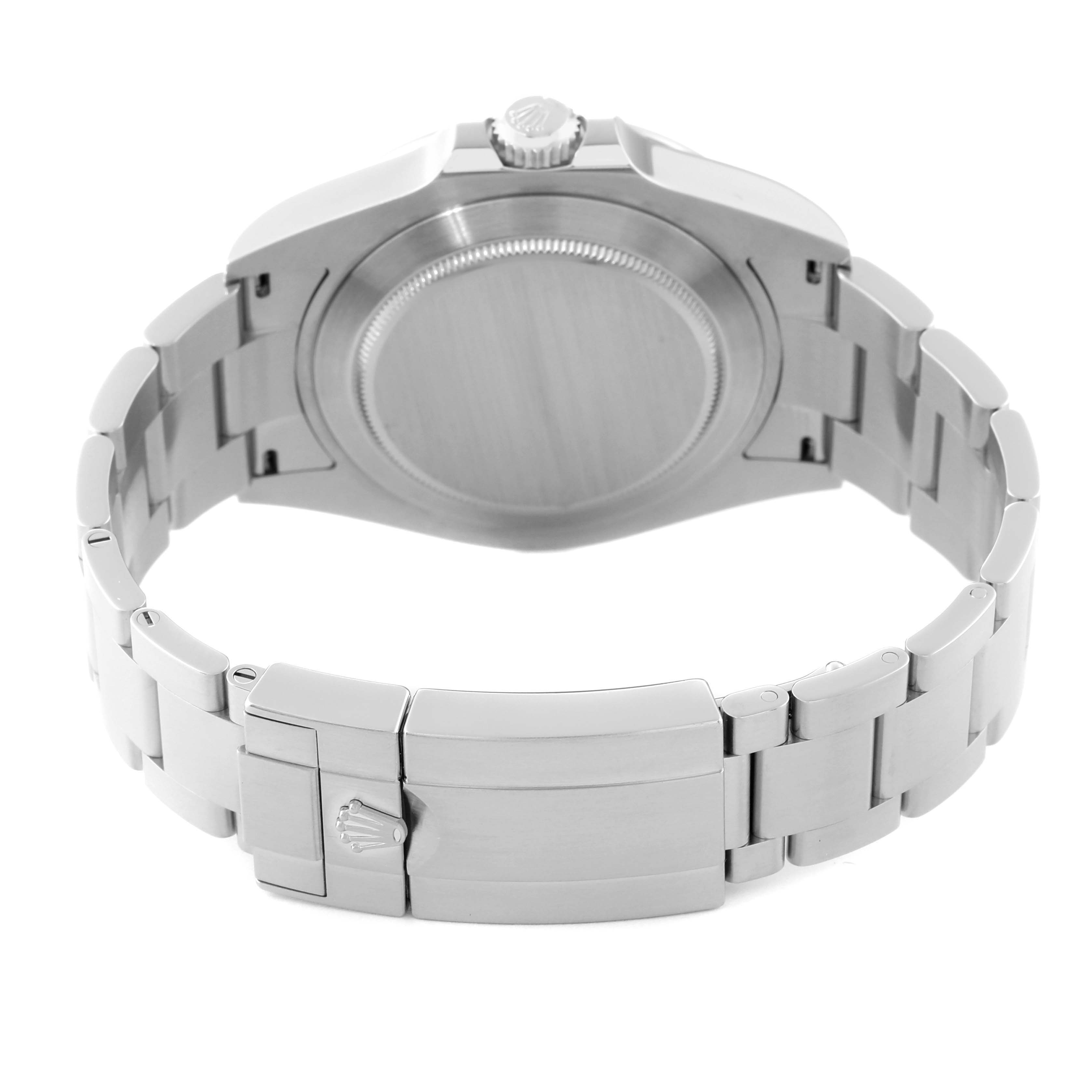 This is the back view of the Rolex Explorer M226570-0002 Men's Stainless Steel Black Dial M226570-0002 Men's Stainless Steel Black Dial watch, showcasing the case back and bracelet clasp.