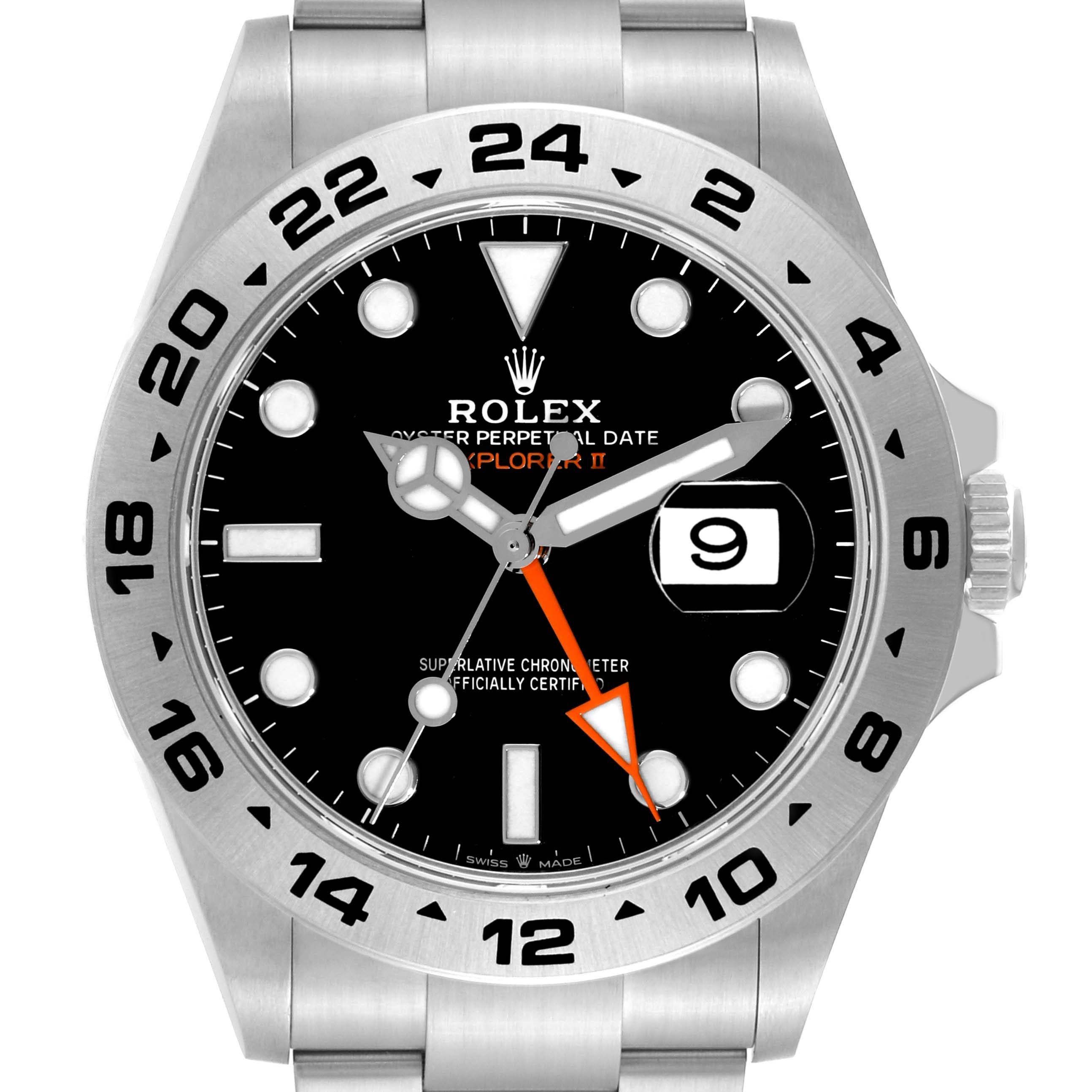 The image shows a front view of a Rolex Explorer M226570-0002 Men's Stainless Steel Black Dial M226570-0002 Men's Stainless Steel Black Dial watch, highlighting its face, bezel, and crown.