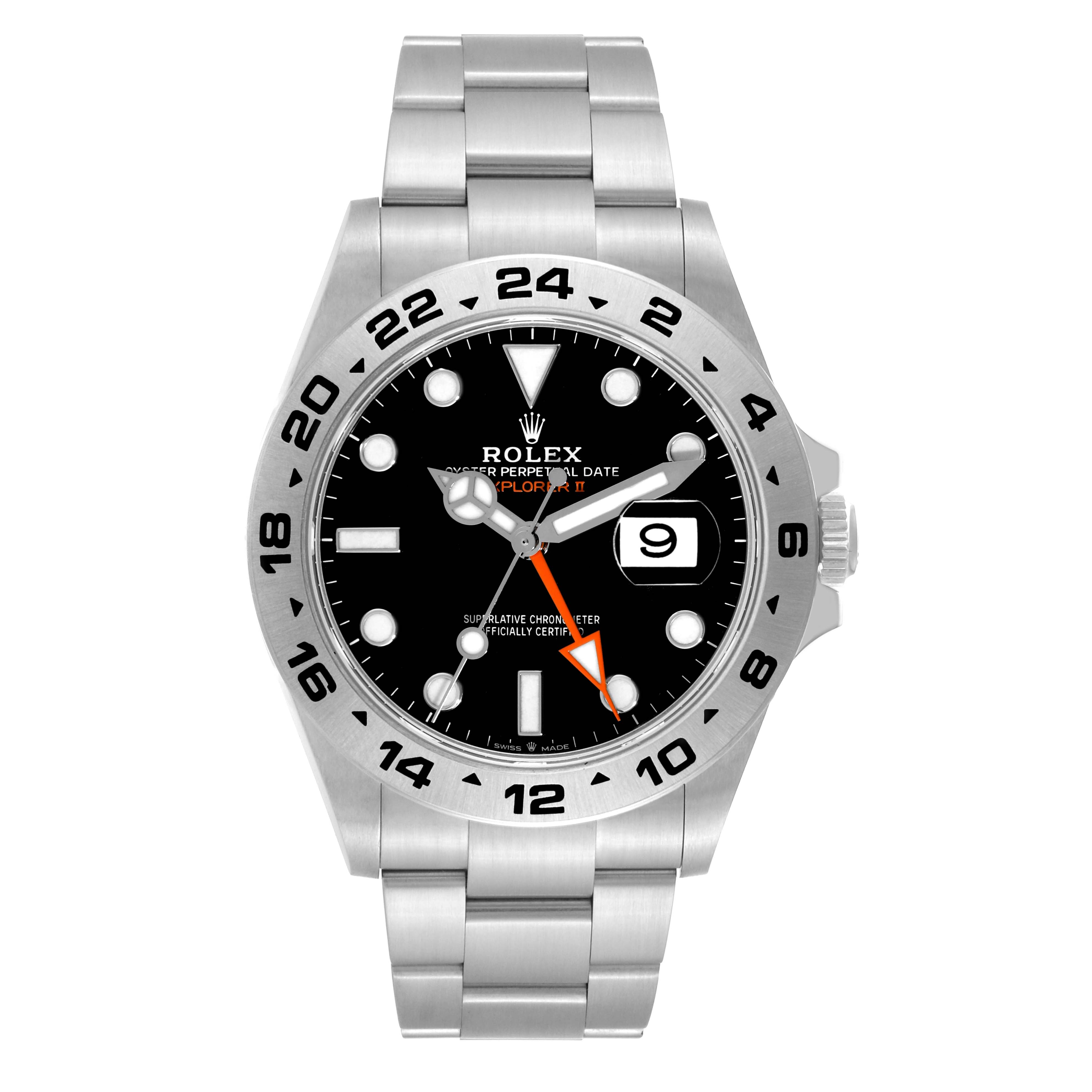 The image shows a front view of the Rolex Explorer M226570-0002 Men's Stainless Steel Black Dial M226570-0002 Men's Stainless Steel Black Dial watch, displaying its face, bezel, and bracelet.