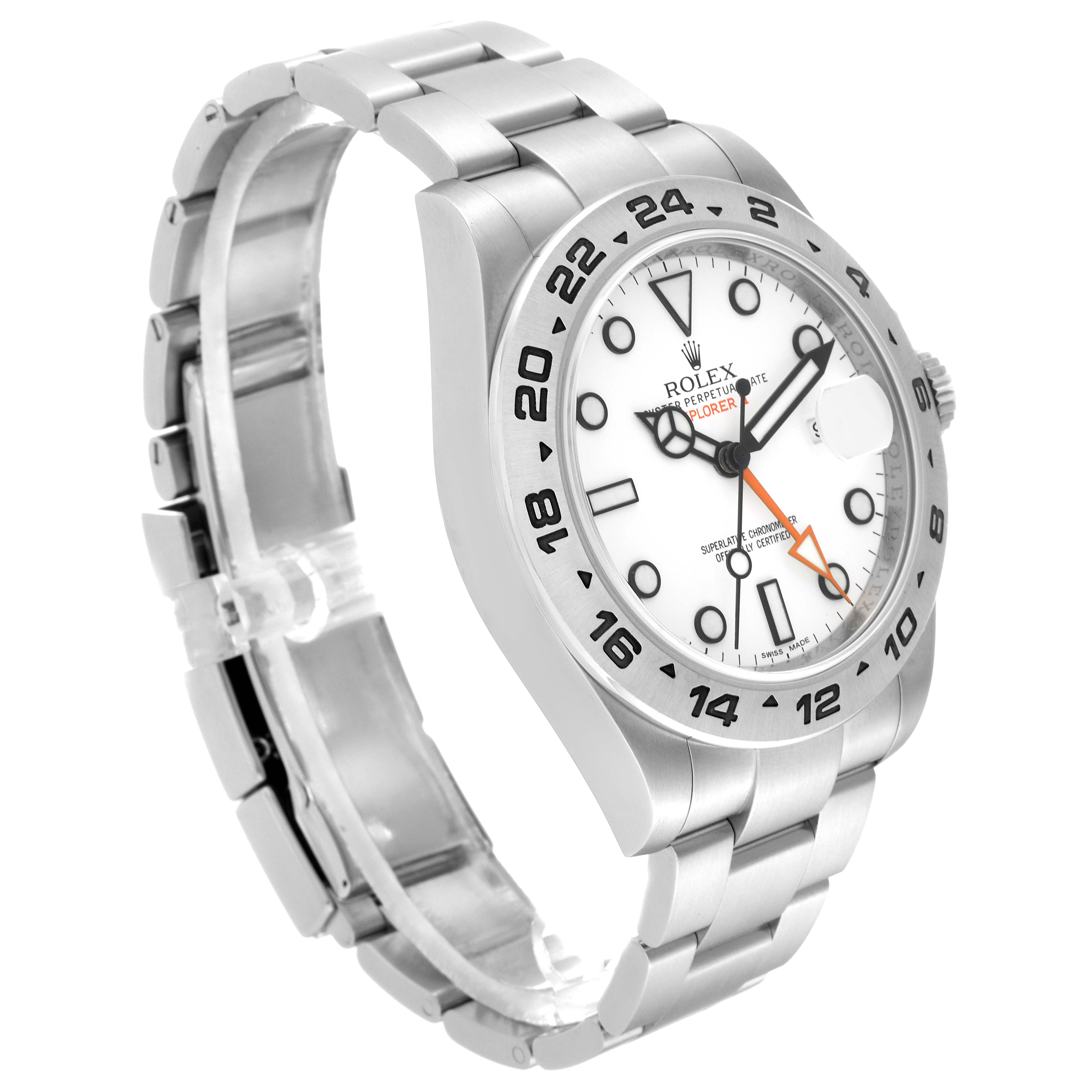 The image shows a Rolex Explorer 216570 Men
s Stainless Steel White Dial 216570 Men
s Stainless Steel White Dial watch from an angled side view, highlighting its dial, bezel, bracelet, and clasp.