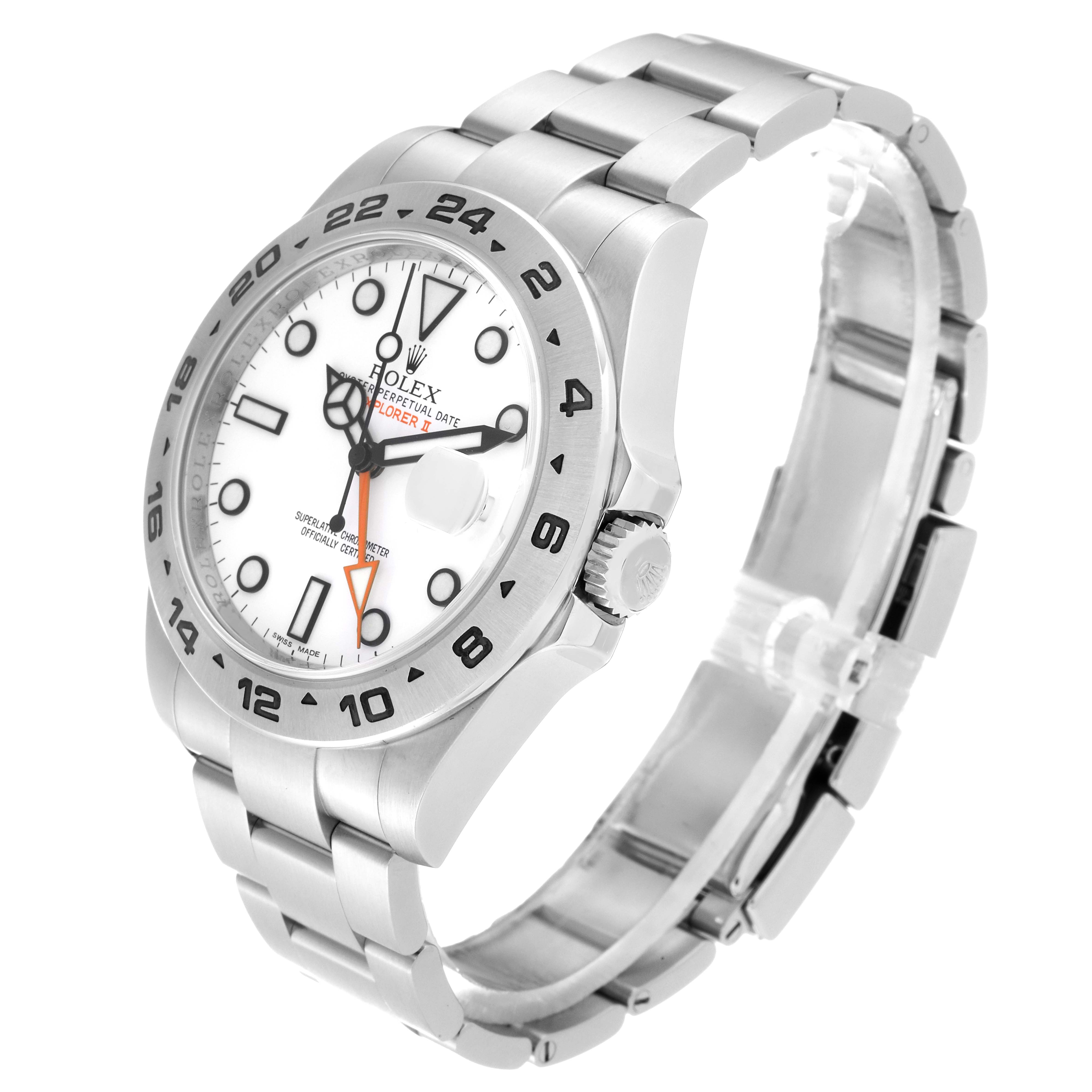Side angle view of the Rolex Explorer 216570 Men
s Stainless Steel White Dial 216570 Men
s Stainless Steel White Dial watch showcasing its dial, bezel, case, and bracelet.