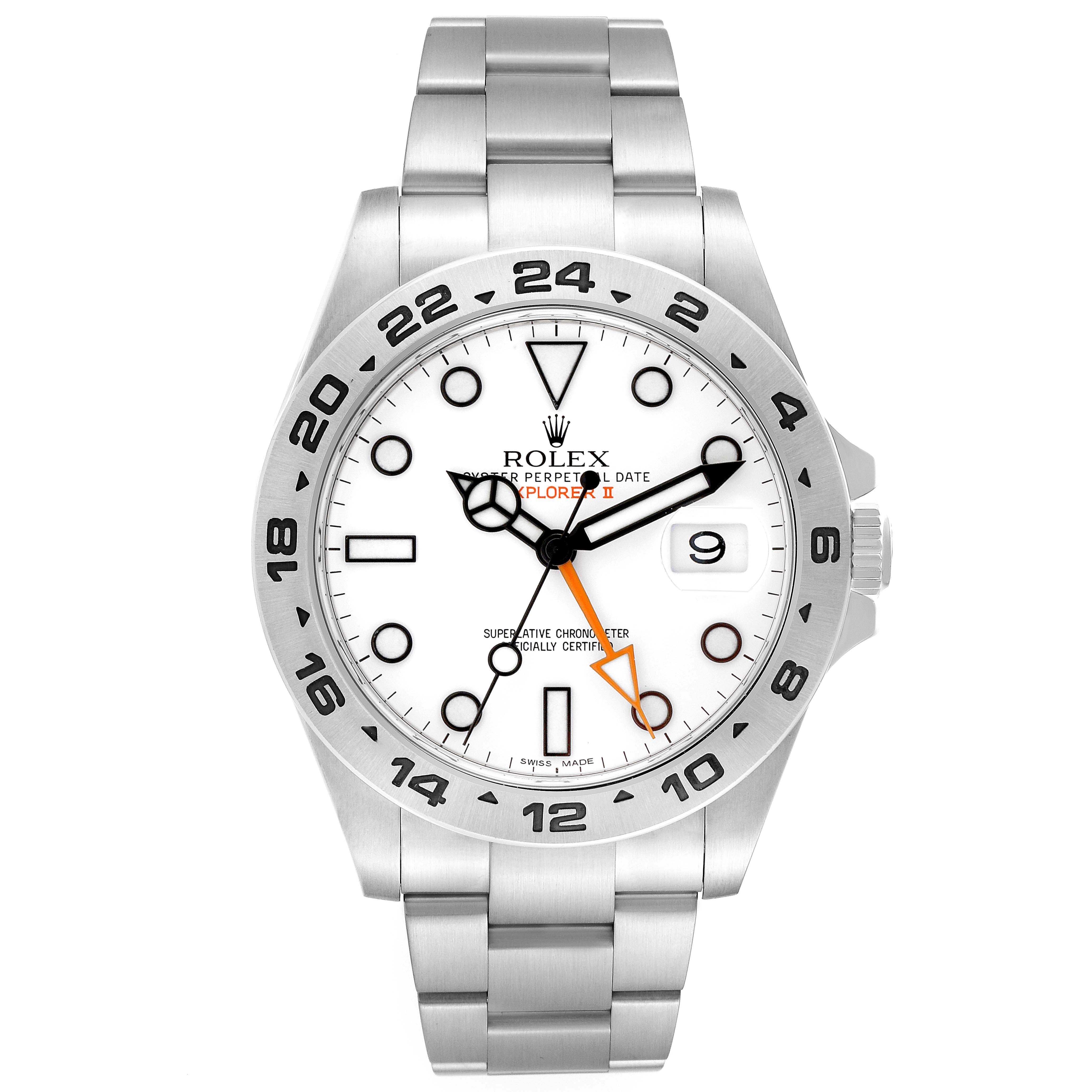 This image shows a frontal view of the Rolex Explorer 216570 Men
s Stainless Steel White Dial 216570 Men
s Stainless Steel White Dial watch, displaying the entire face, bezel, bracelet, and crown.