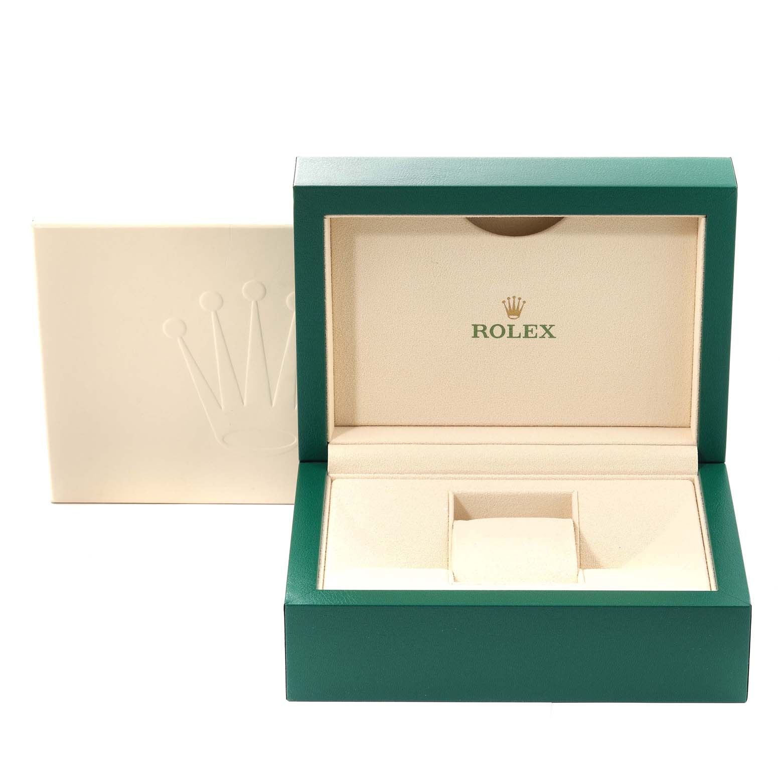 The image displays an open Rolex Explorer 216570 Men
s Stainless Steel White Dial 216570 Men
s Stainless Steel White Dial watch box with green exterior and beige interior, showcasing the Rolex logo.