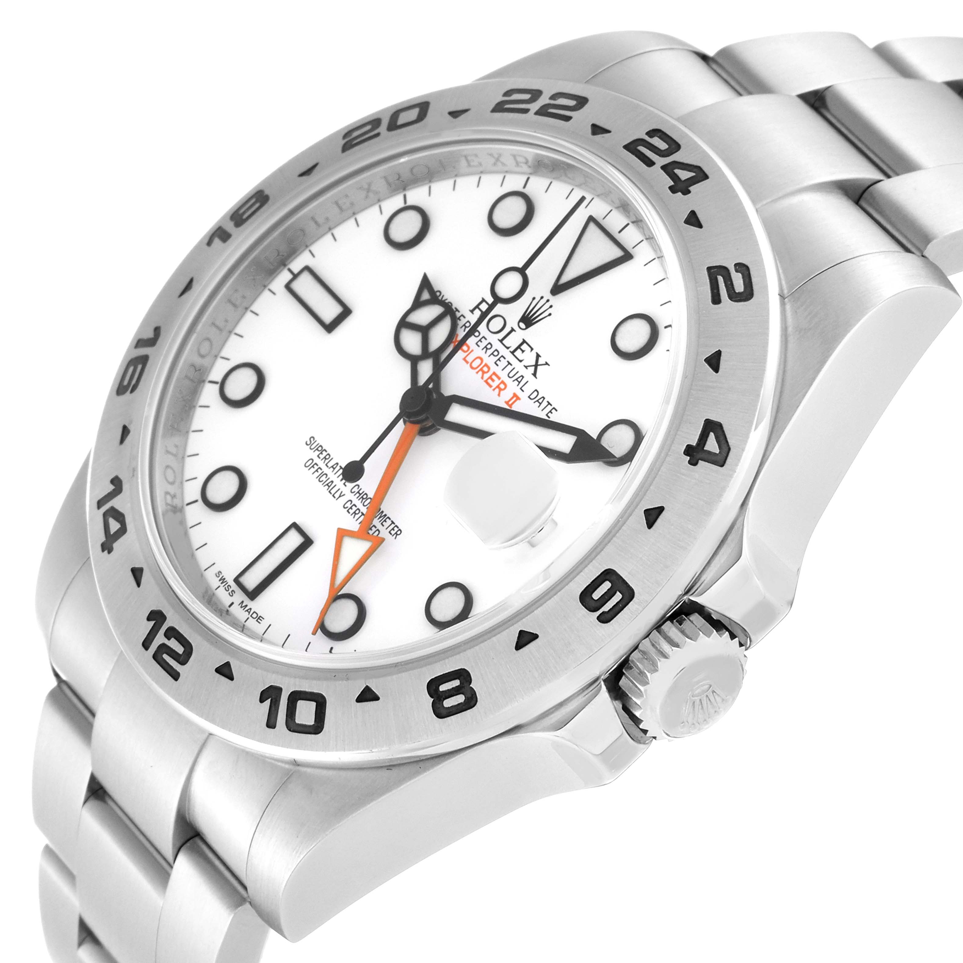 This Rolex Explorer 216570 Men
s Stainless Steel White Dial 216570 Men
s Stainless Steel White Dial watch is shown at a slight angle emphasizing its white dial, bezel, bracelet, and crown.