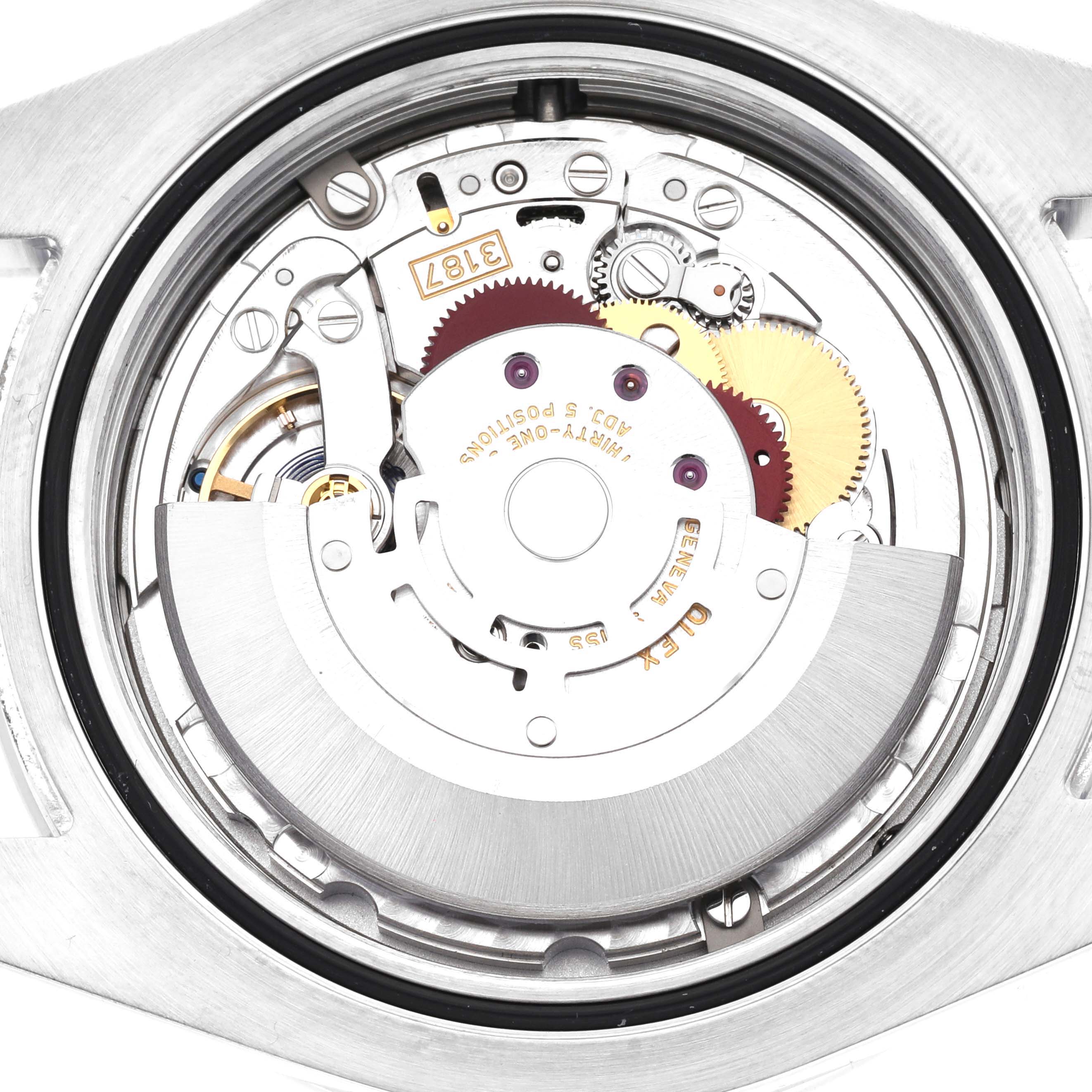 The image shows the internal movement and components of a Rolex Explorer 216570 Men
s Stainless Steel White Dial 216570 Men
s Stainless Steel White Dial watch, viewed from the back.