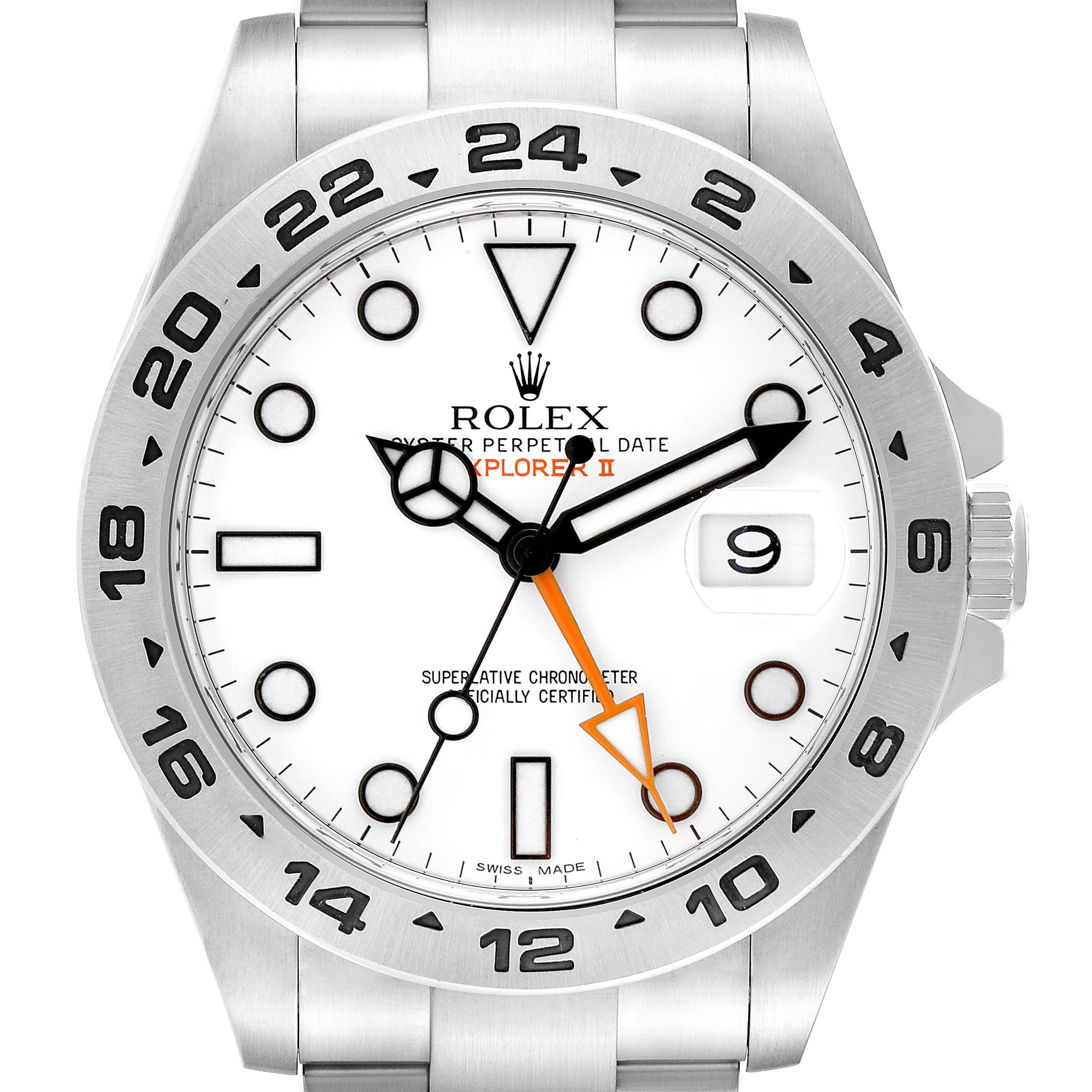 The image displays a front view of a Rolex Explorer 216570 Men
s Stainless Steel White Dial 216570 Men
s Stainless Steel White Dial model watch, showcasing its dial, bezel, and part of the bracelet.