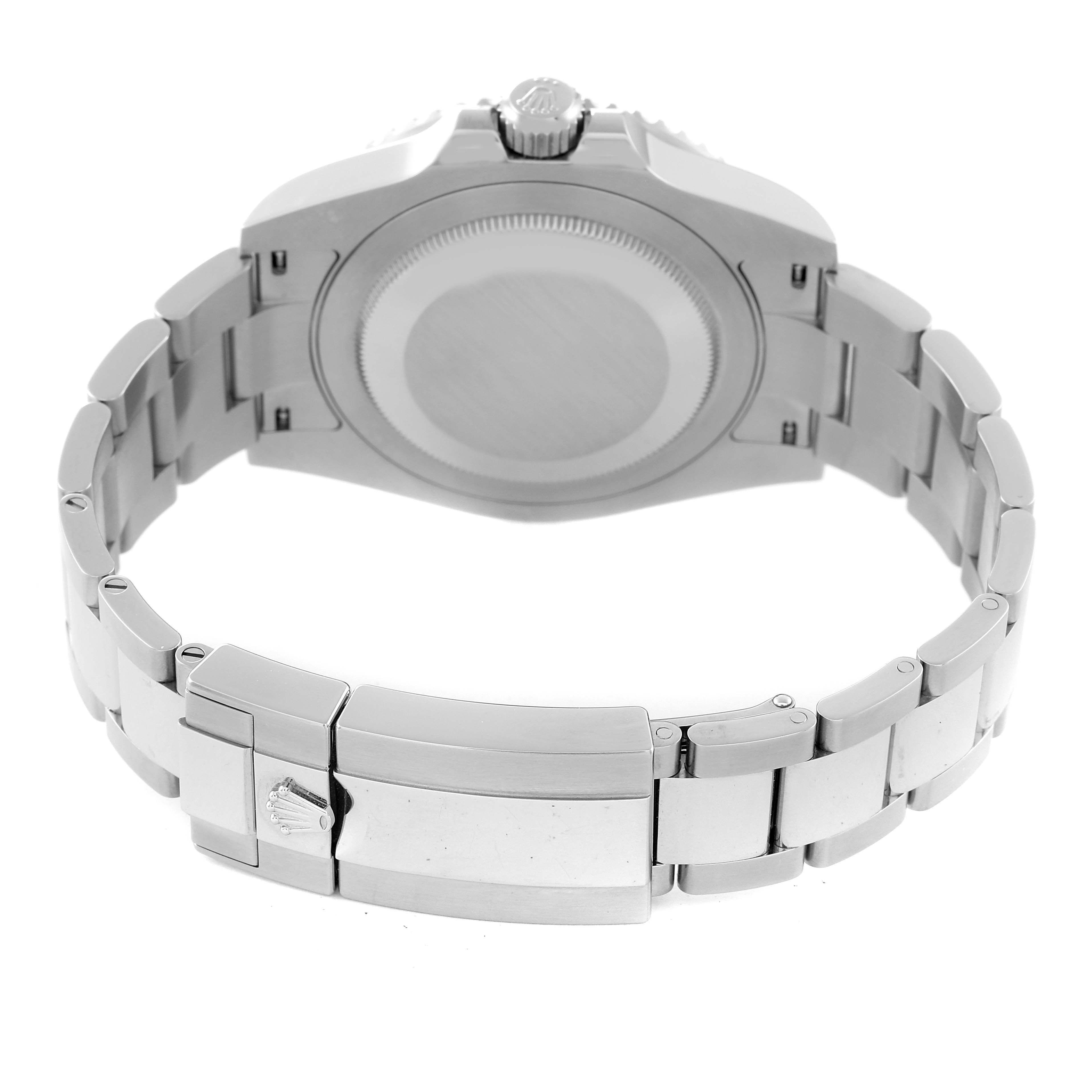 This image shows the back case, crown, and bracelet of the Rolex GMT-Master 126710 Men's Stainless Steel Black Dial 126710 Men's Stainless Steel Black Dial watch from a rear angle.